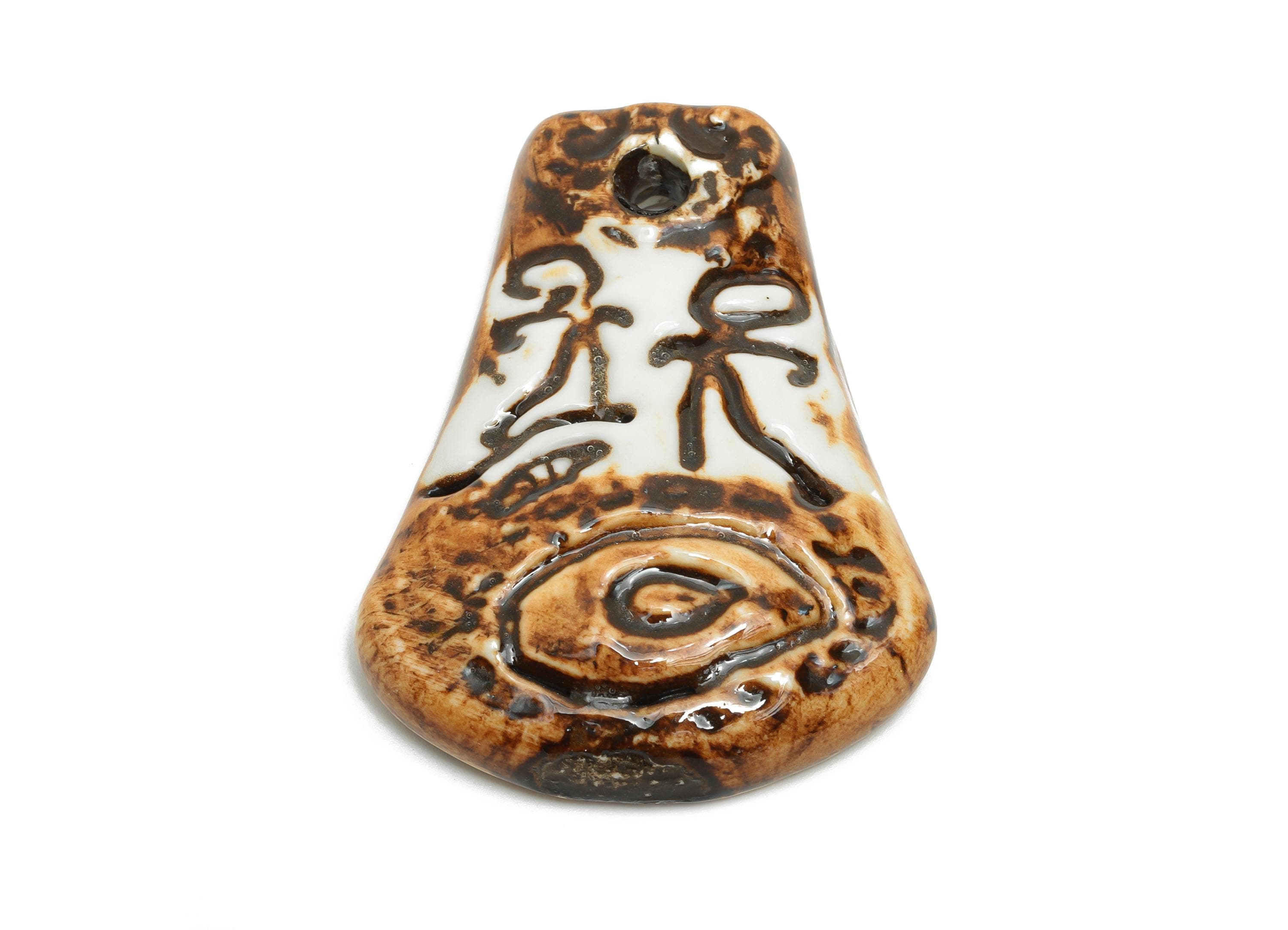 Glazed Ceramic Pendant - Anthropomorphic Figures Porcelain Pendant - Handcrafted Artifact - Boho Cultural Relic Jewelry - 54x41x10mm -NS2786 - DOMEDBAZAAR