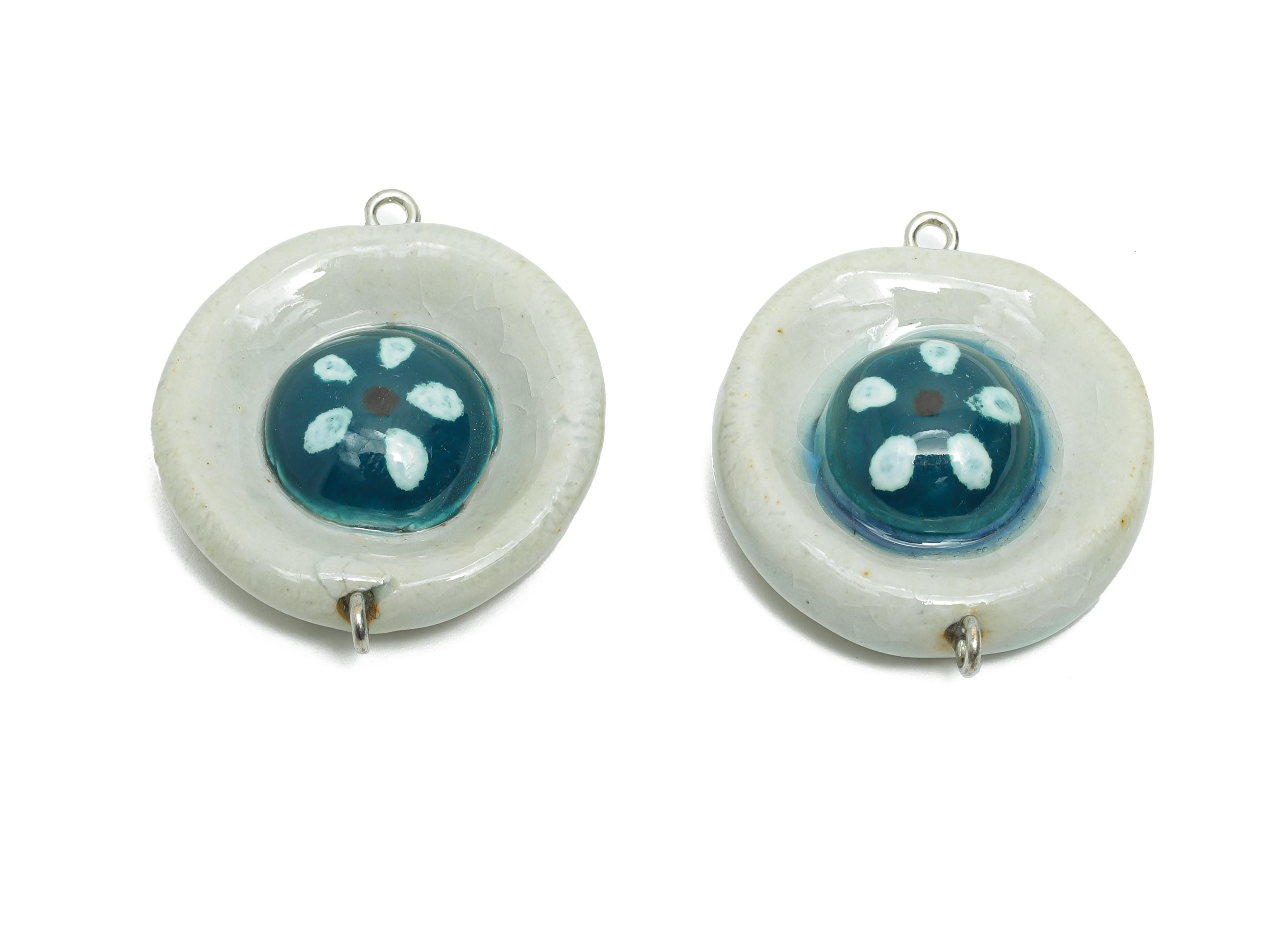 Glazed Ceramic Round Pendant - Handmade Artisan Necklaces Pendant - Unique Round Ceramic Pendant - Jewelry Making - 36.22x29.4x11mm - NS2771 - DOMEDBAZAAR