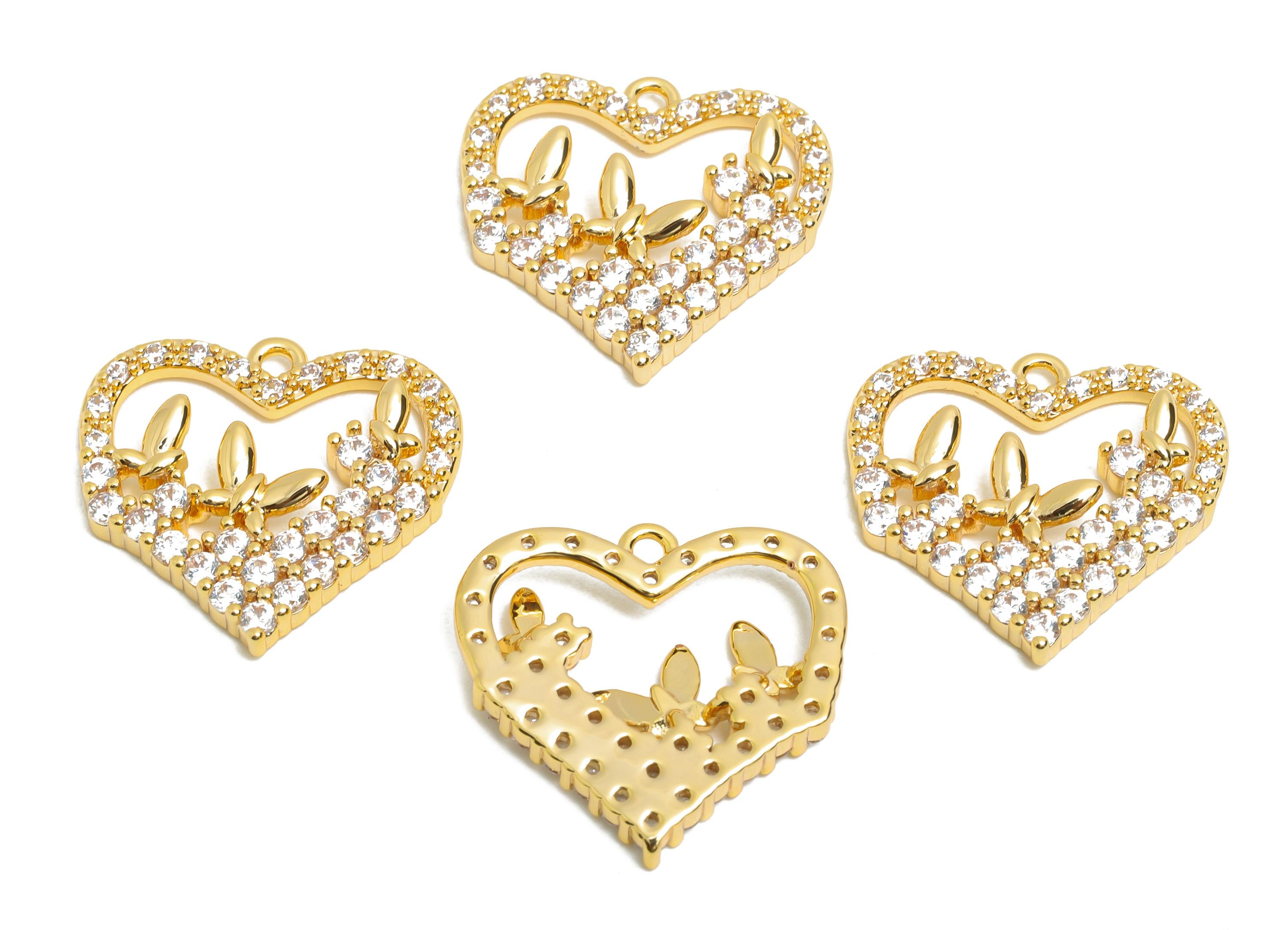 Brass CZ Heart Pendant - Brass Zircon Butterfly Luxury Pendant for Necklaces - 18K Real Gold Plating - Gold Jewelry - 17x16x3mm -RGP10834 - DOMEDBAZAAR