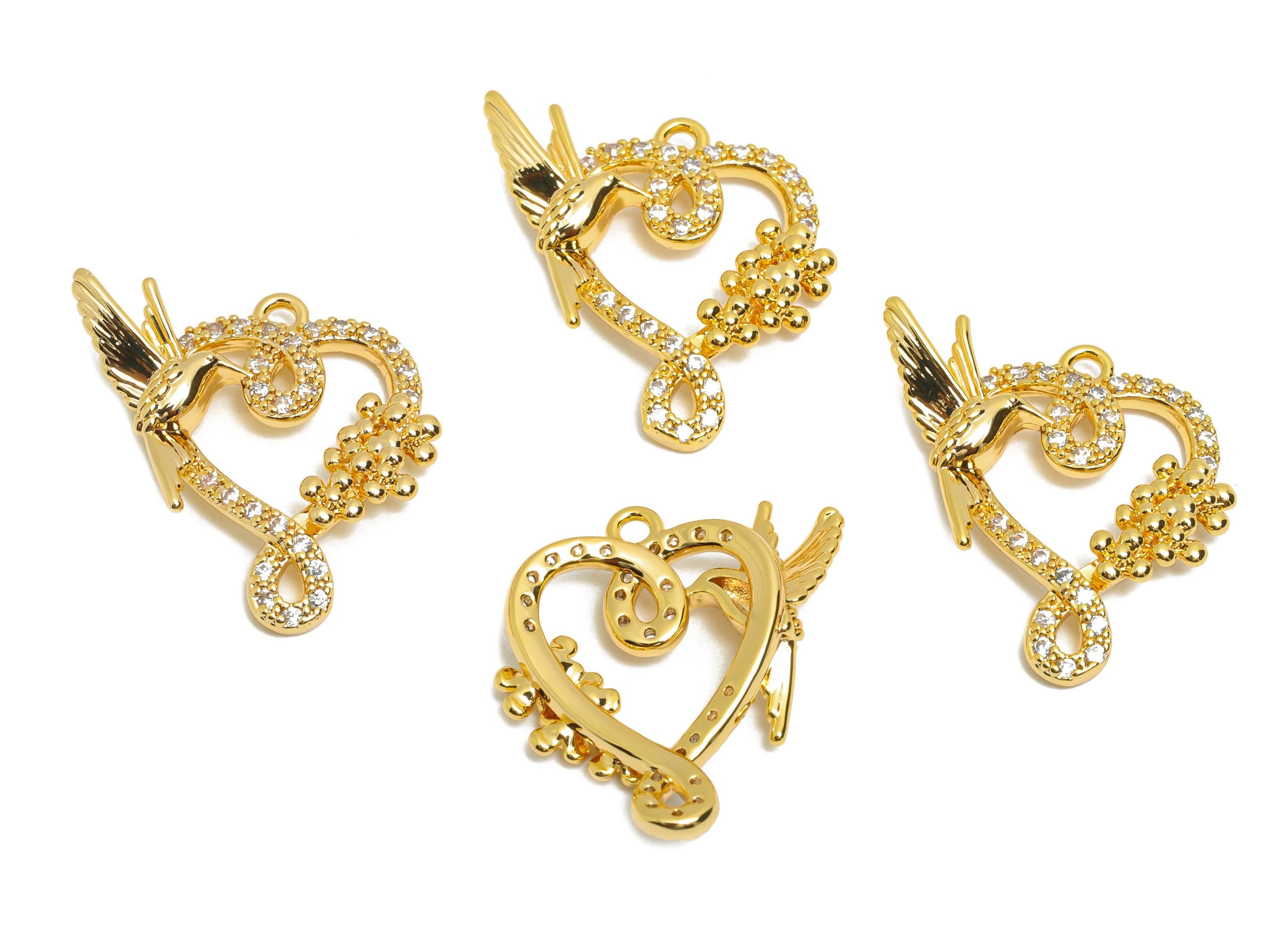 Dainty Gold Hummingbird Pendant - Brass Crystal Heart Pendant for Necklaces - 18K Real Gold Plating - Gold Jewelry - 19x17x2.73mm - RGP10825 - DOMEDBAZAAR