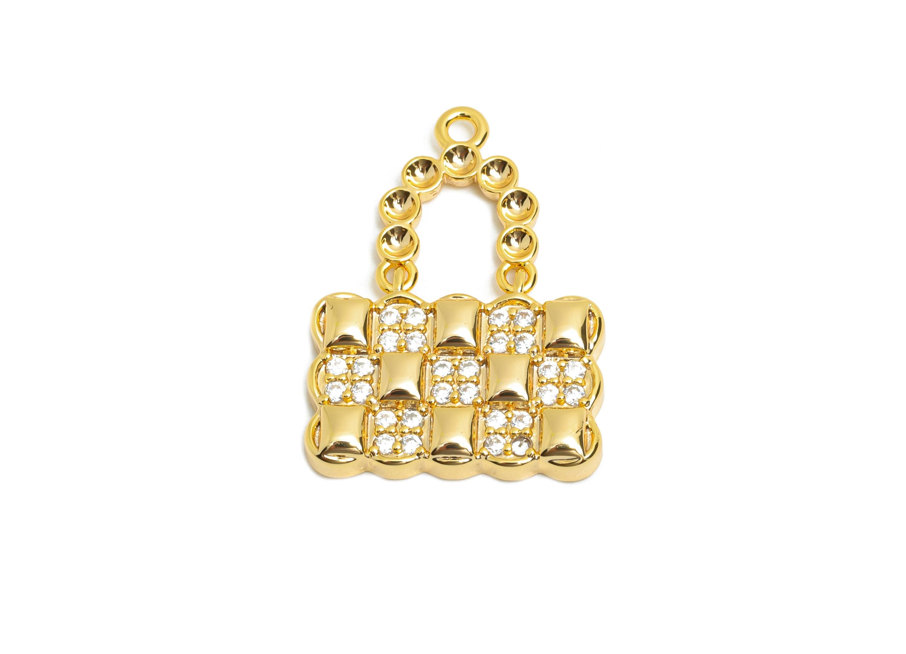 Luxury CZ Handbag Charm - Brass Fashion Bag Pendant for Necklace - 18K Real Gold Plated - Purse Charm for DIY Jewelry - 21x15x2mm - RGP10830 - DOMEDBAZAAR