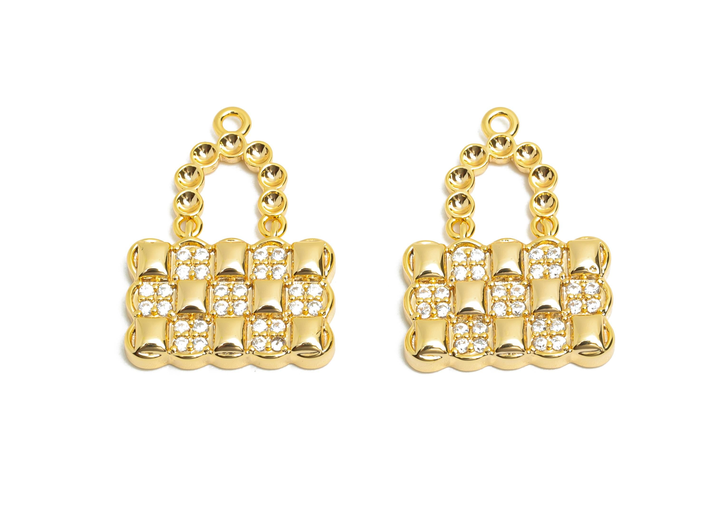 Luxury CZ Handbag Charm - Brass Fashion Bag Pendant for Necklace - 18K Real Gold Plated - Purse Charm for DIY Jewelry - 21x15x2mm - RGP10830 - DOMEDBAZAAR