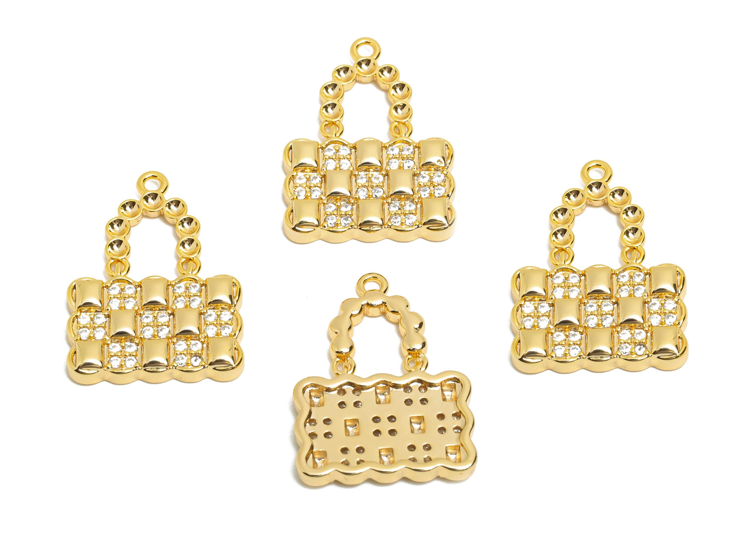 Luxury CZ Handbag Charm - Brass Fashion Bag Pendant for Necklace - 18K Real Gold Plated - Purse Charm for DIY Jewelry - 21x15x2mm - RGP10830 - DOMEDBAZAAR