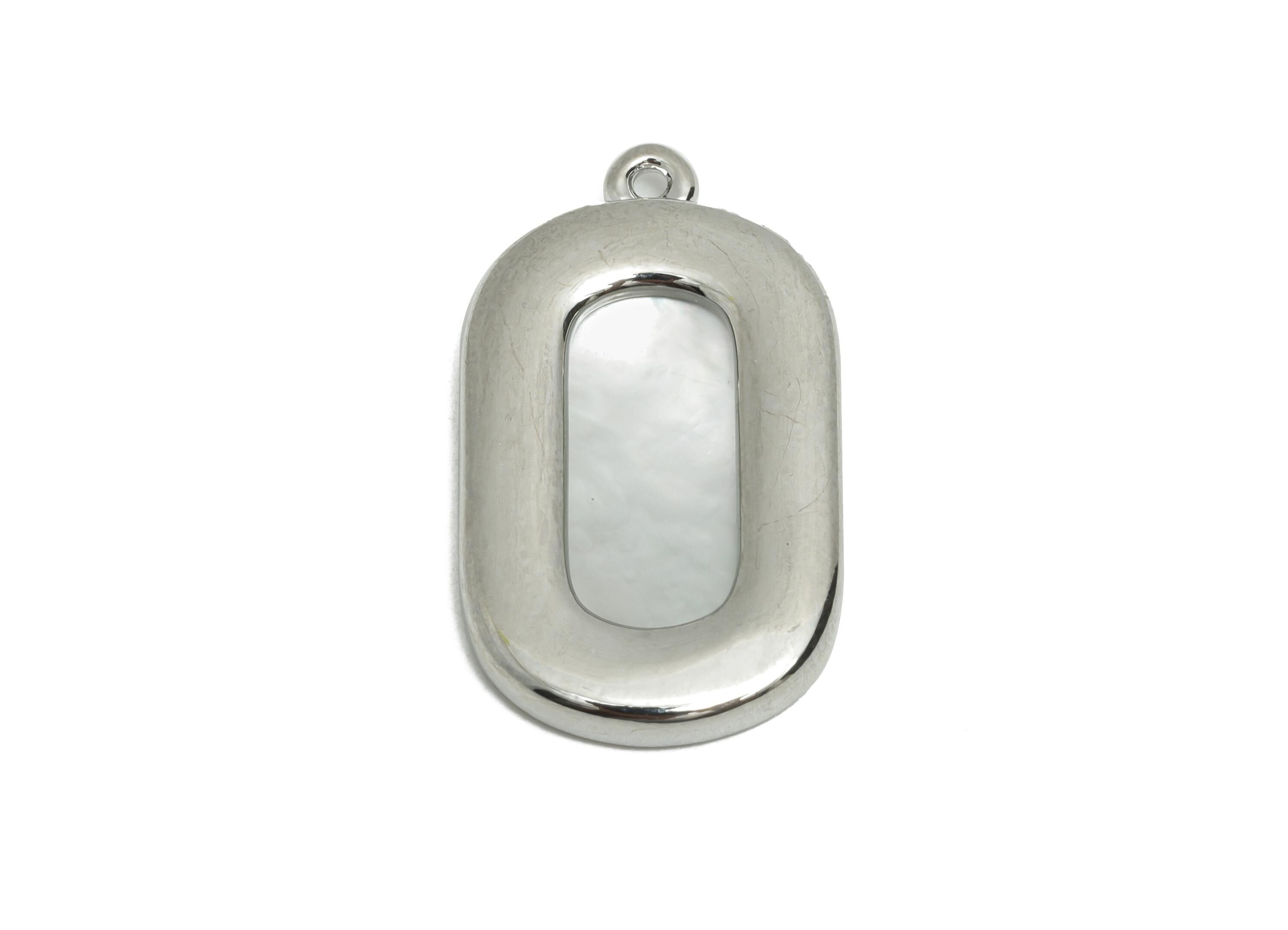 Oval Rectangle Shell Charm - Brass Frame Shell Necklace Pendant - Modern Geometric Charms - 18K White Gold Plated - 22.7x13x2mm - RGP10842 - DOMEDBAZAAR