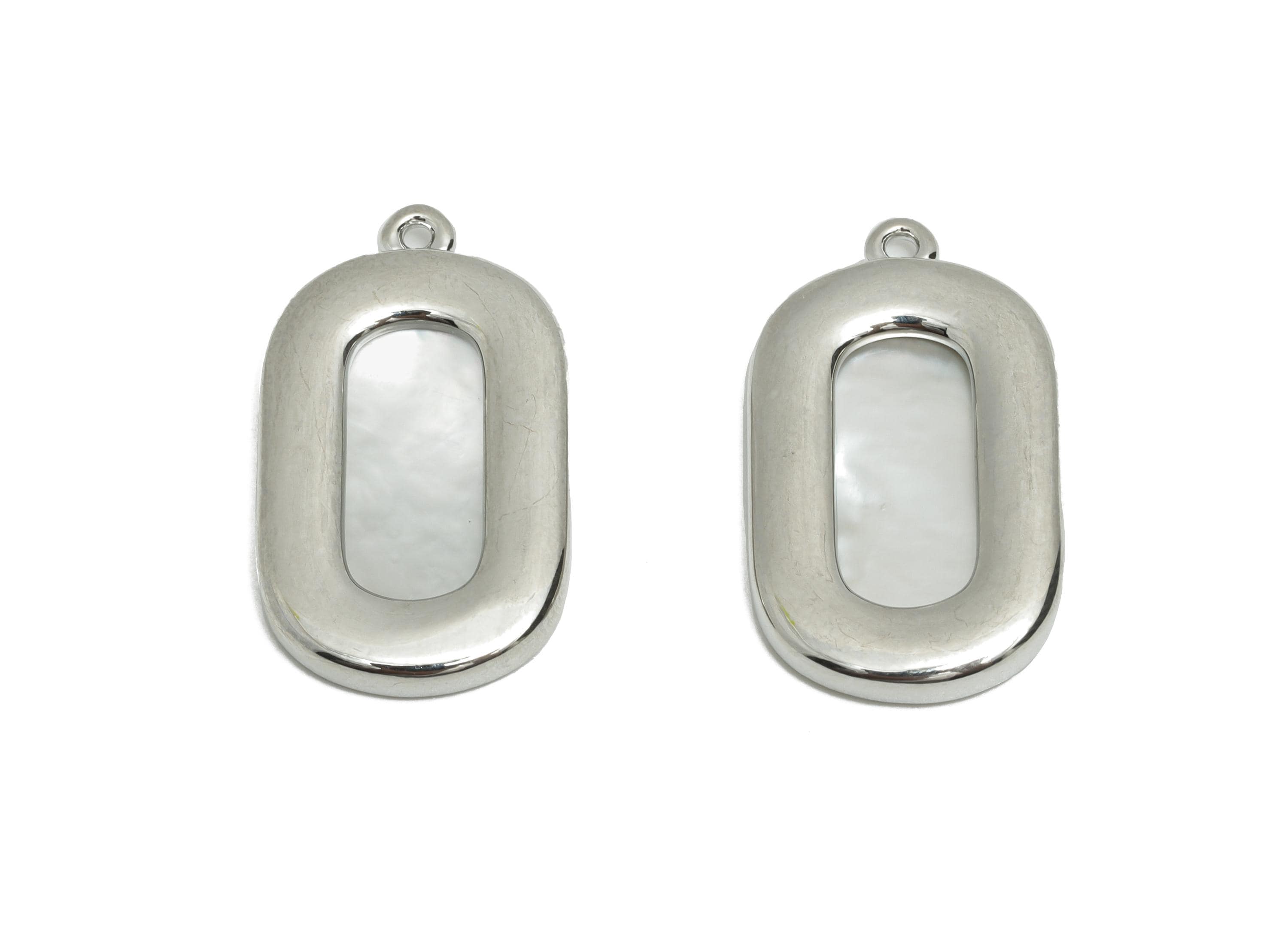 Oval Rectangle Shell Charm - Brass Frame Shell Necklace Pendant - Modern Geometric Charms - 18K White Gold Plated - 22.7x13x2mm - RGP10842 - DOMEDBAZAAR