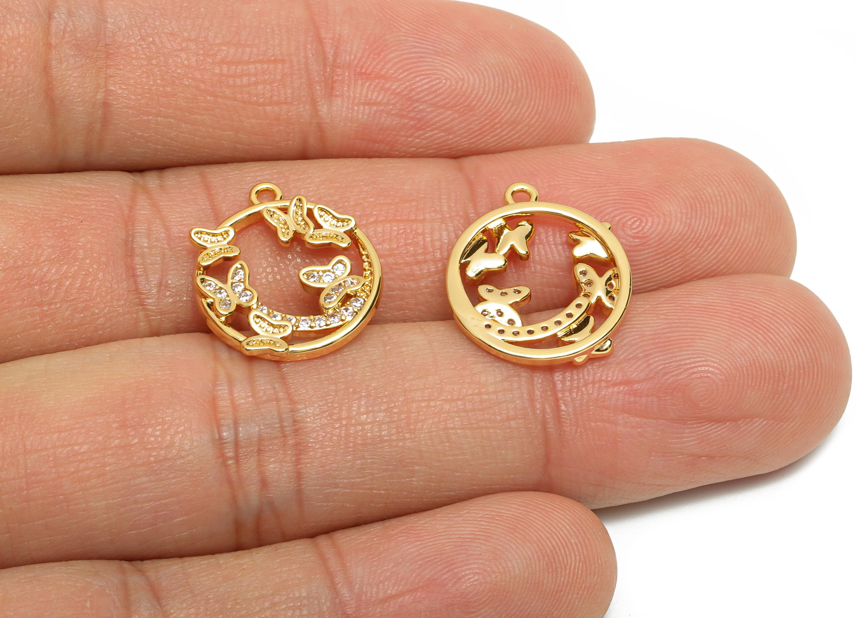 Brass CZ Round Charm - Luxury Gold Butterfly Pendant for Necklace - Sparkling Zircon Jewelry - 18K Real Gold Plated - 17.3x15x2mm - RGP10831 - DOMEDBAZAAR