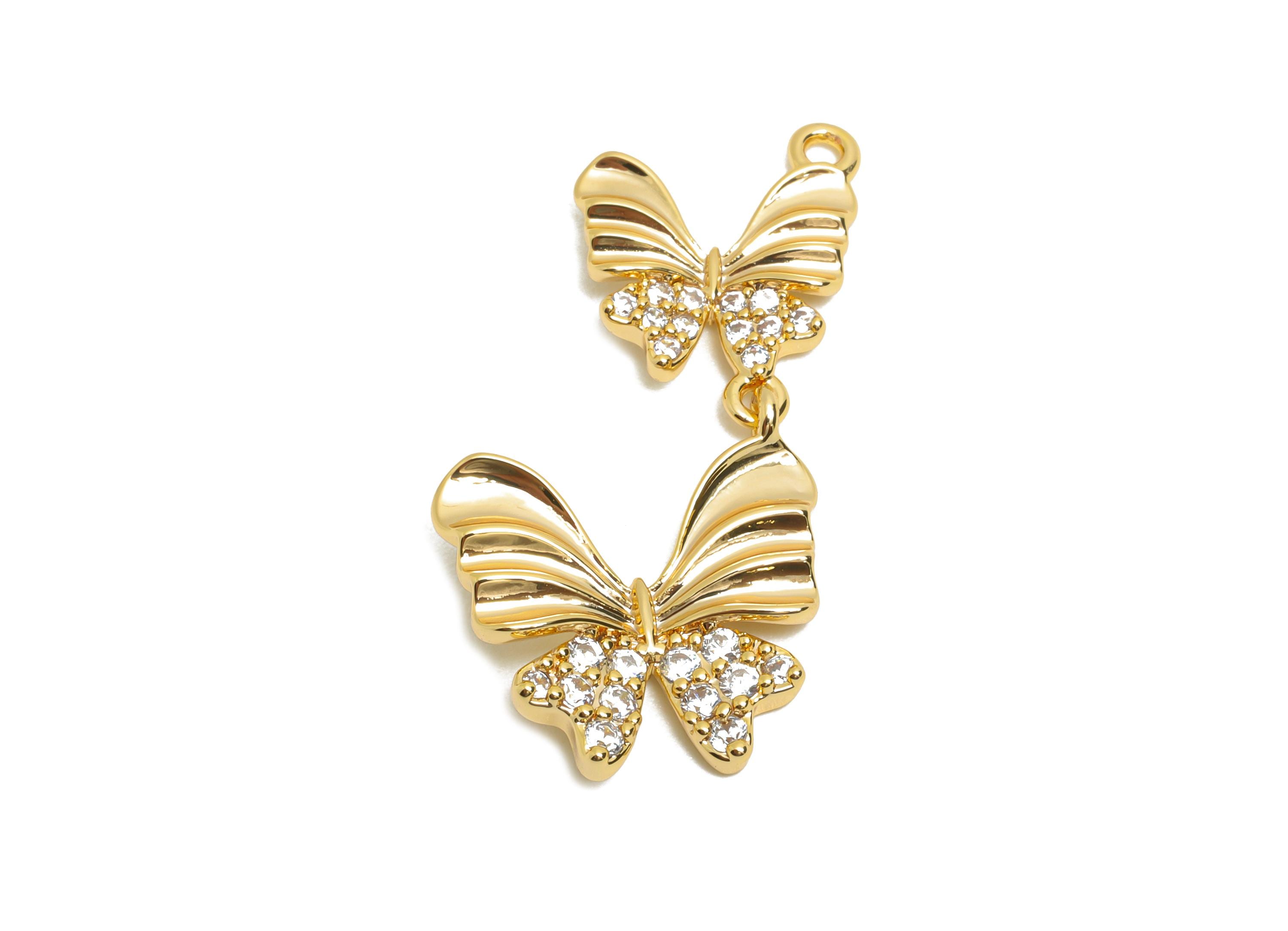 Dainty Gold Butterfly Charm - Brass Zircon Butterfly Charm for Necklaces - 18K Real Gold Plating -Rhinestone Pendant - 26x14x2mm - RGP10833 - DOMEDBAZAAR