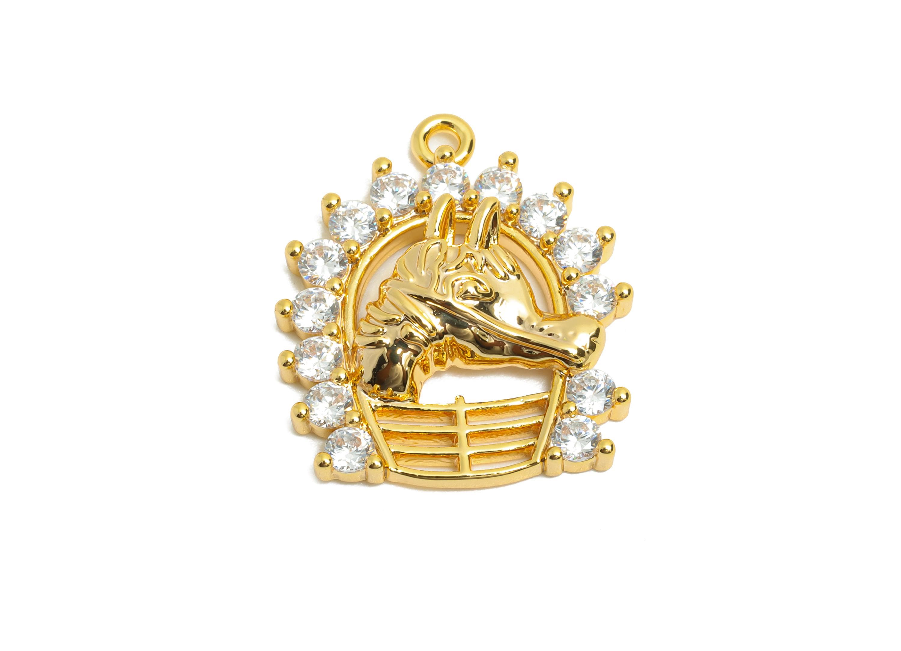 Dainty Horse Pendant - Brass Zircon Equestrian Pendant - 18K Real Gold Plating - Glittering Horse Charm for DIY Jewelry - 18x16x3mm-RGP10832 - DOMEDBAZAAR