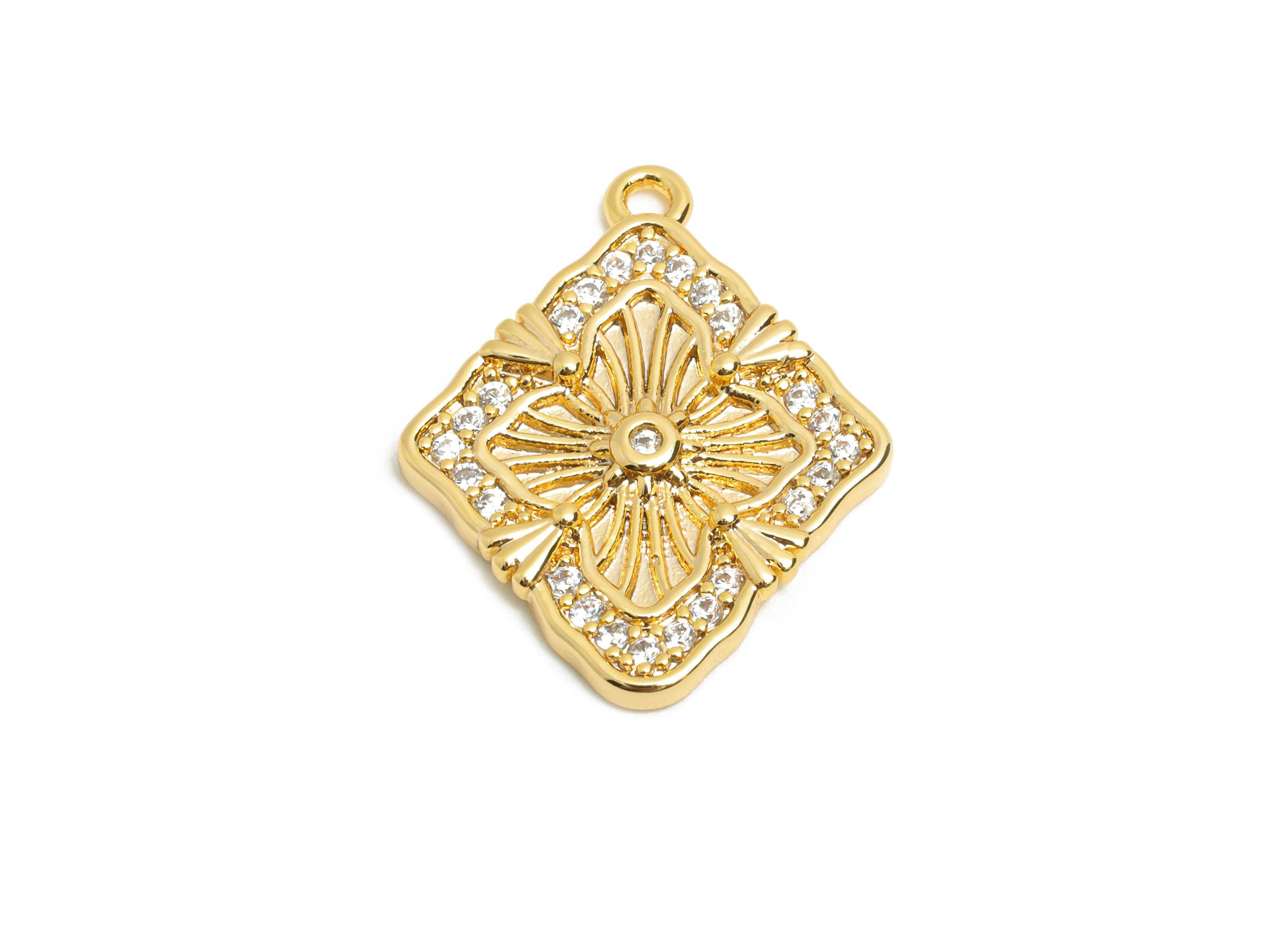 Dainty CZ Floral Pendant - Brass Zircon Luxury Vintage Charm for DIY Necklaces - 18K Real Gold Plating - Boho Pendant - 26x14x2mm - RGP10826 - DOMEDBAZAAR