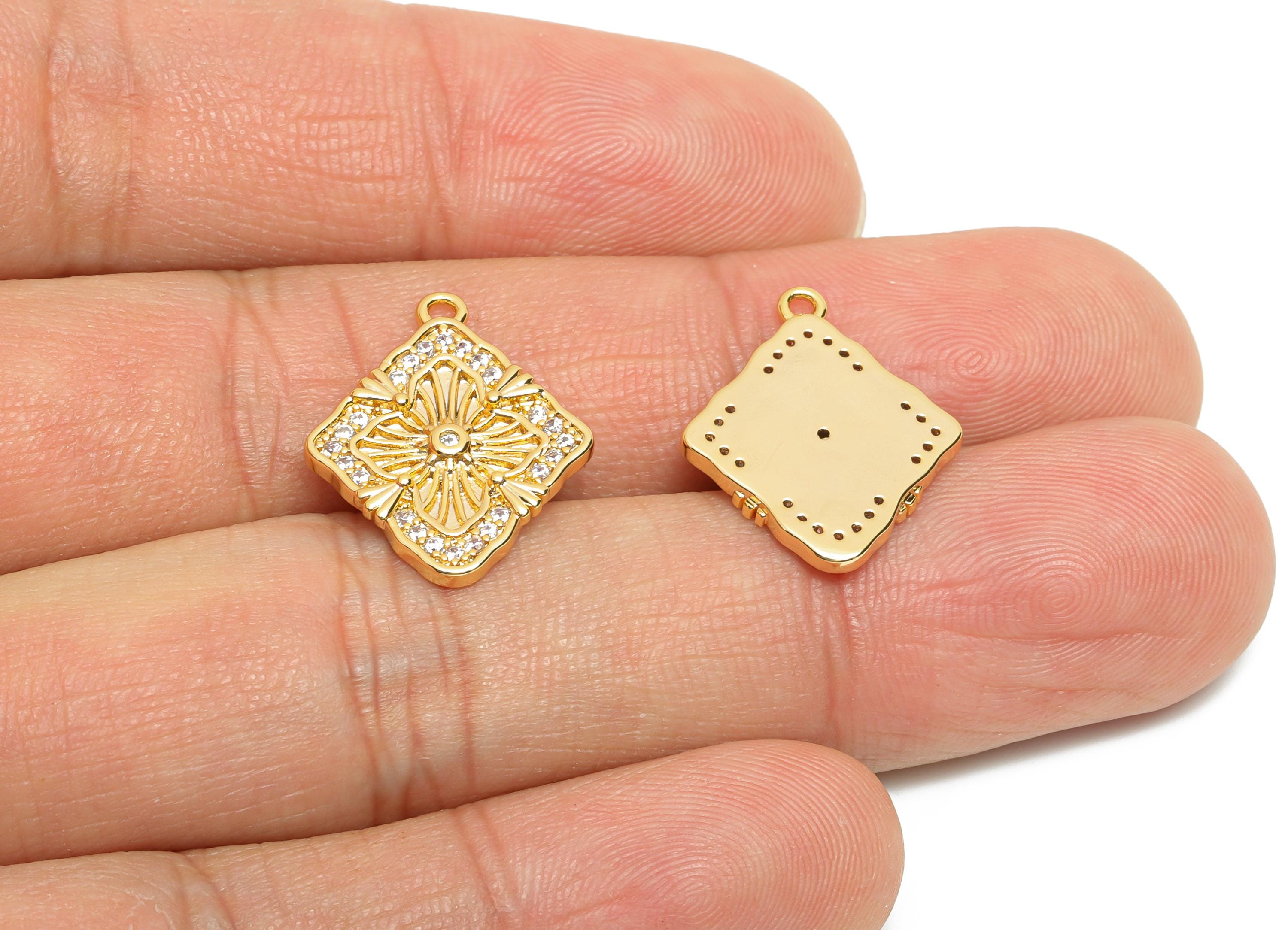 Dainty CZ Floral Pendant - Brass Zircon Luxury Vintage Charm for DIY Necklaces - 18K Real Gold Plating - Boho Pendant - 26x14x2mm - RGP10826 - DOMEDBAZAAR