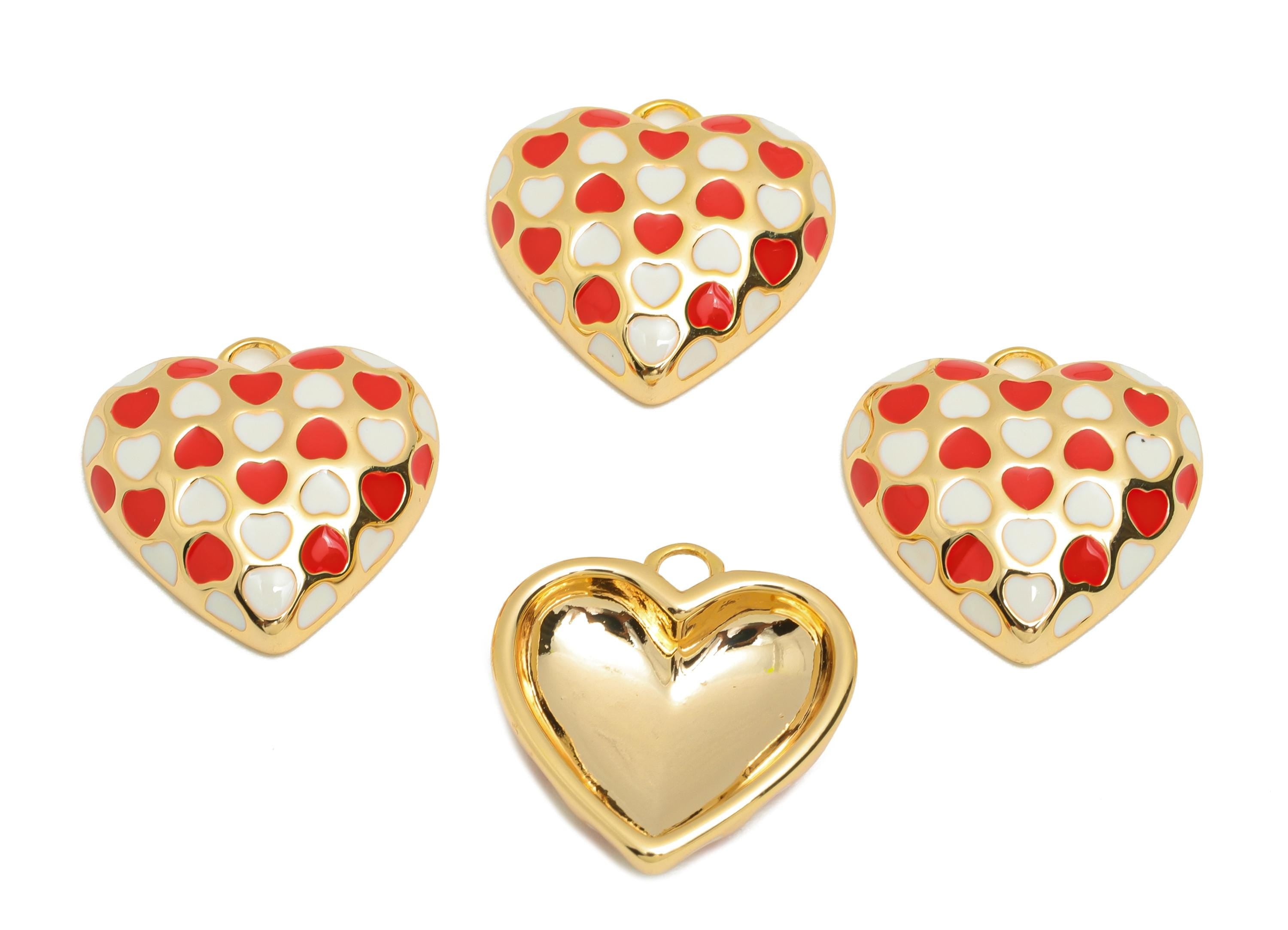 Dainty Heart Pendant - Brass Enamel Vintage Charm for DIY Necklaces - 18K Real Gold Plating - Red White Heart Pendant- 17x17x4mm - RGP10843 - DOMEDBAZAAR