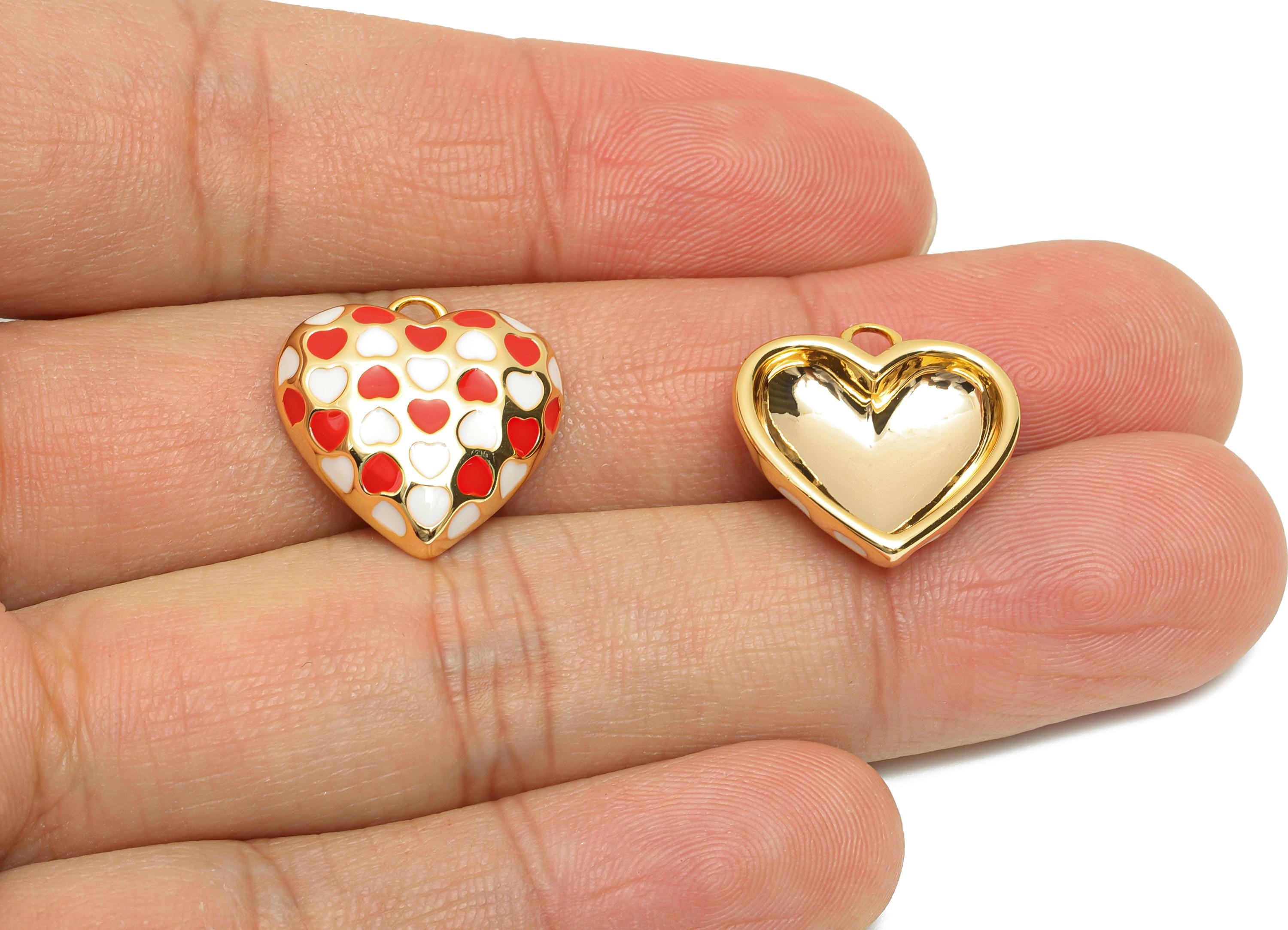 Dainty Heart Pendant - Brass Enamel Vintage Charm for DIY Necklaces - 18K Real Gold Plating - Red White Heart Pendant- 17x17x4mm - RGP10843 - DOMEDBAZAAR