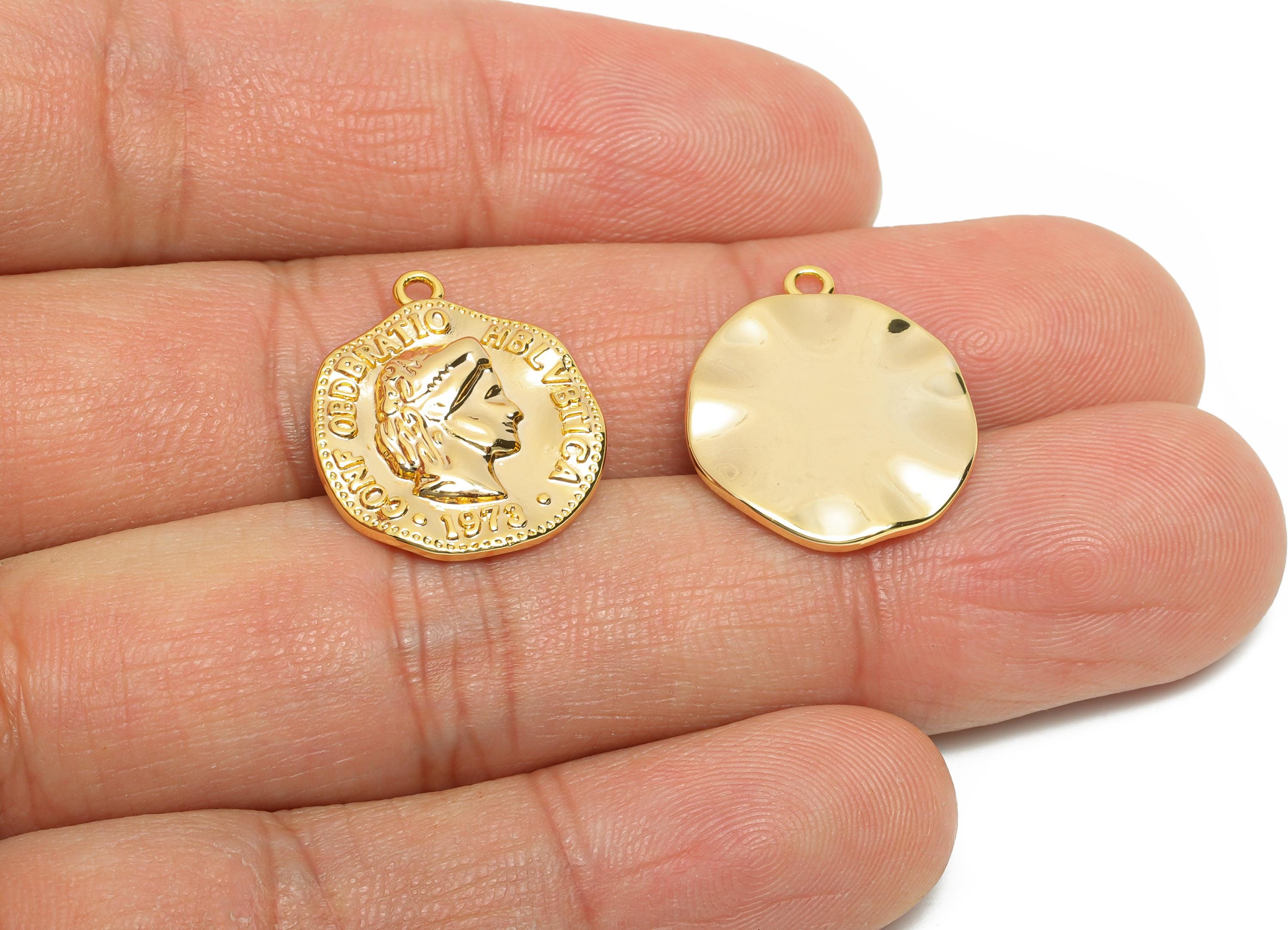Helvetia Coin Charm - Brass Antique Style Pendant for Necklace - 18K Real Gold Plating - Vintage Medallion Pendant - 20x16x2.95mm - RGP10824 - DOMEDBAZAAR