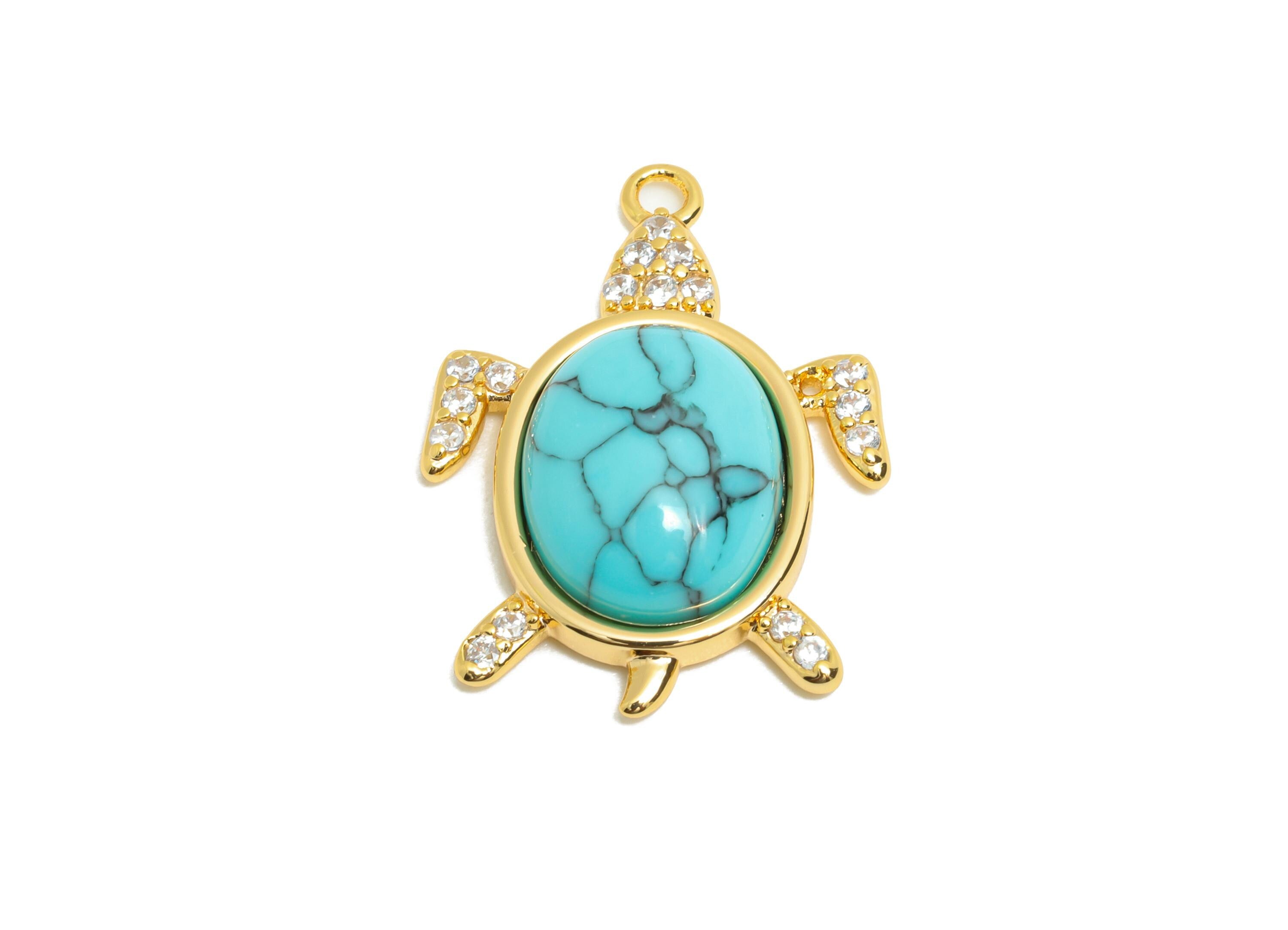 Turquoise Turtle Pendant - Brass Zircon Tropical Jewelry Gold Turtle Pendant - 18K Real Gold Plating - Ocean-Themed - 21x15x5mm - RGP10835 - DOMEDBAZAAR