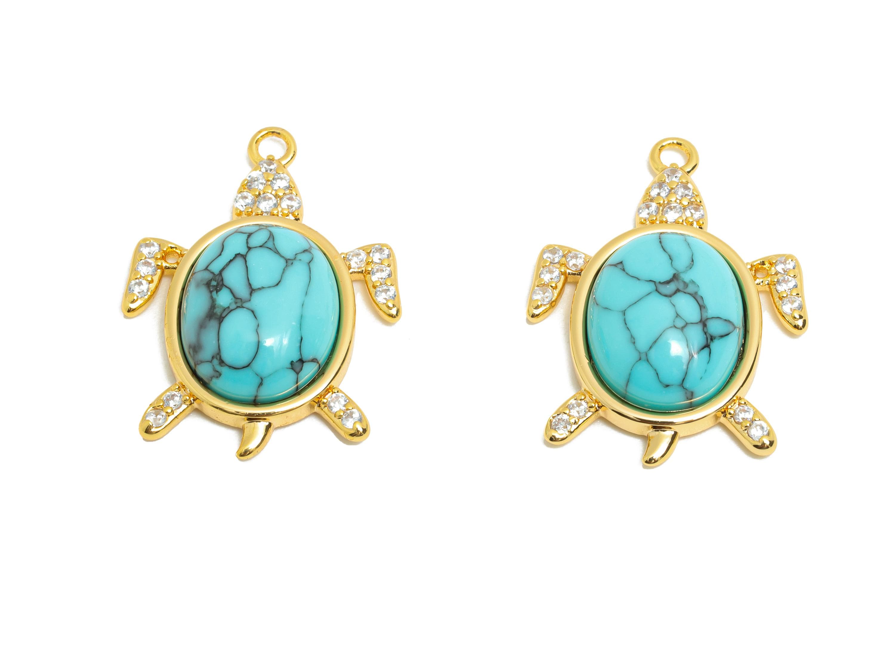 Turquoise Turtle Pendant - Brass Zircon Tropical Jewelry Gold Turtle Pendant - 18K Real Gold Plating - Ocean-Themed - 21x15x5mm - RGP10835 - DOMEDBAZAAR