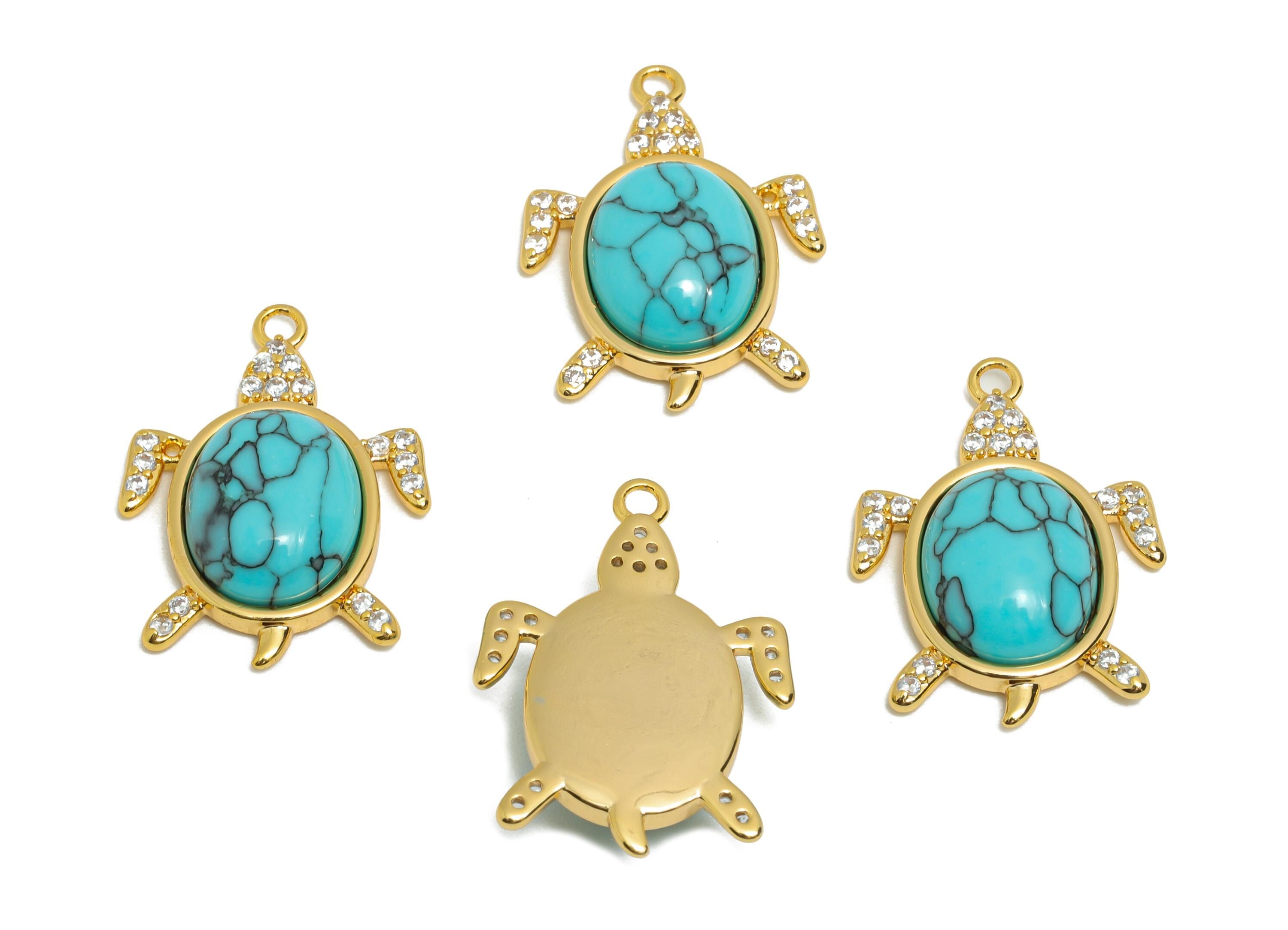 Turquoise Turtle Pendant - Brass Zircon Tropical Jewelry Gold Turtle Pendant - 18K Real Gold Plating - Ocean-Themed - 21x15x5mm - RGP10835 - DOMEDBAZAAR