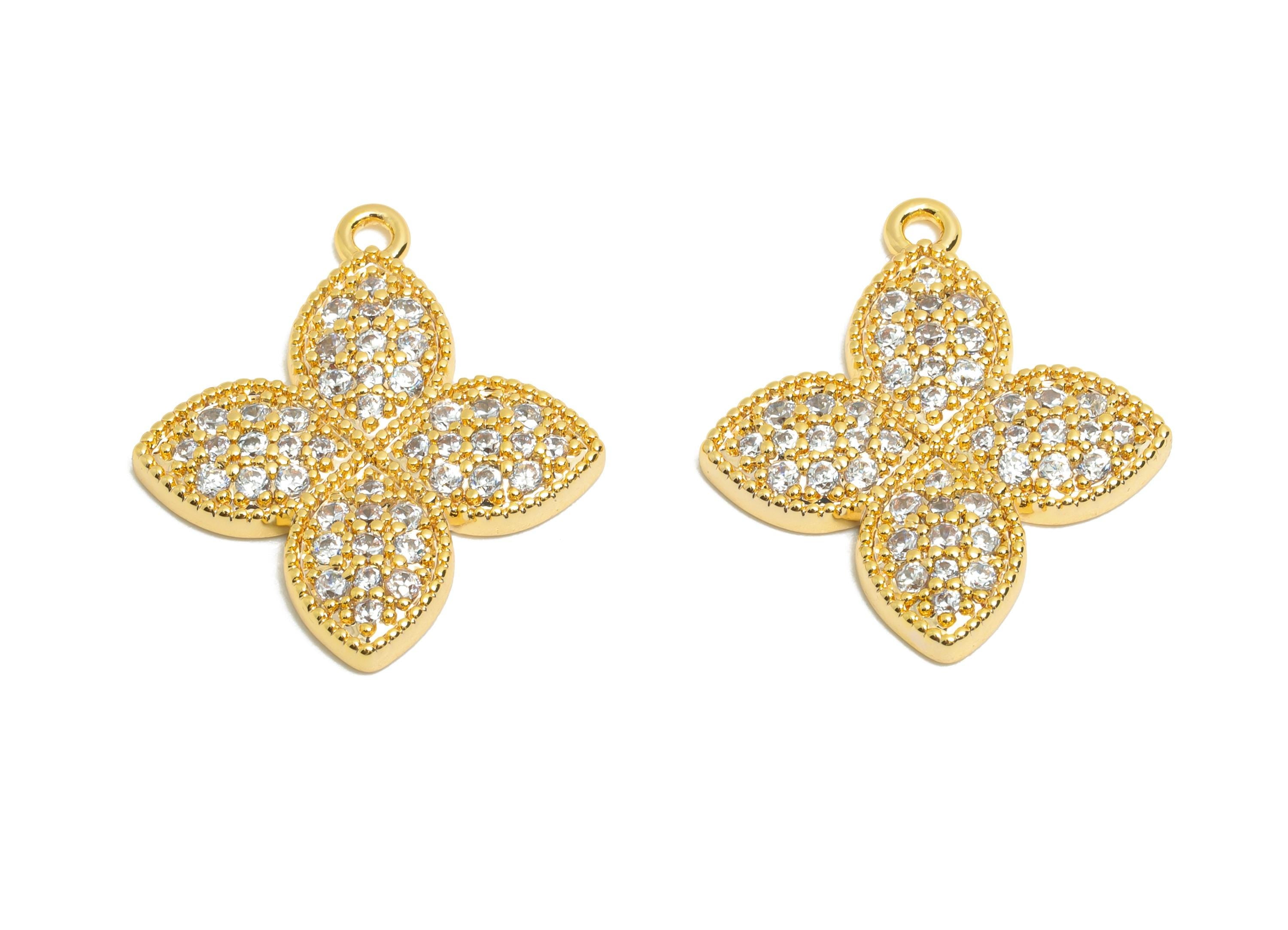 Brass CZ Flower Charm - Sparkling Gold Four-Leaf Clover Zircon Charm - Refined Jewelry Finding - 18K Real Gold Plated - 19x17x2mm - RGP10828 - DOMEDBAZAAR