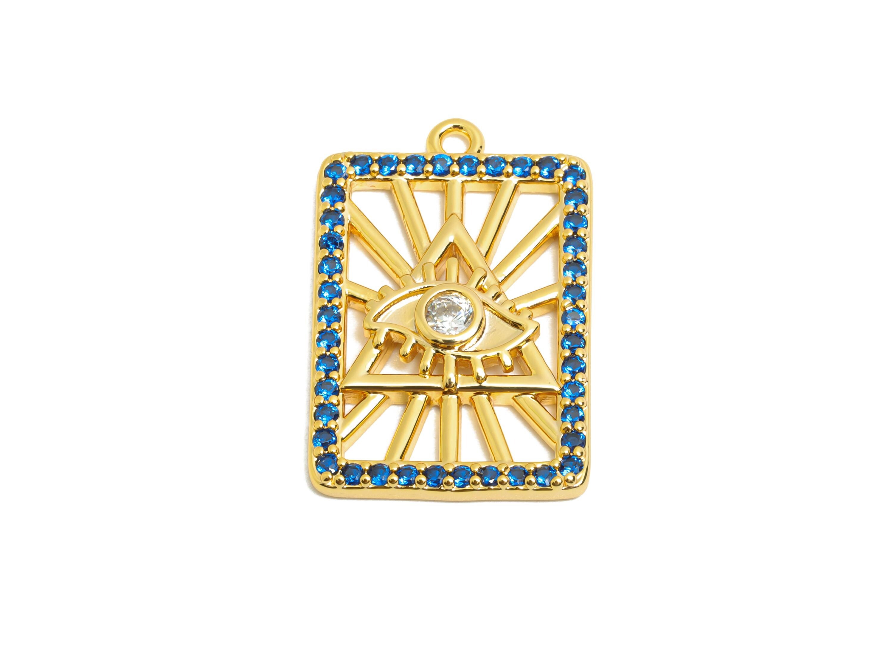Brass Cubic Zircon Evil Eye Charm - Gold Rectangle Eye Jewelry for Necklace - All-Seeing Eye Charm - 18K Gold Plated - 21x14x2.6mm -RGP10827 - DOMEDBAZAAR