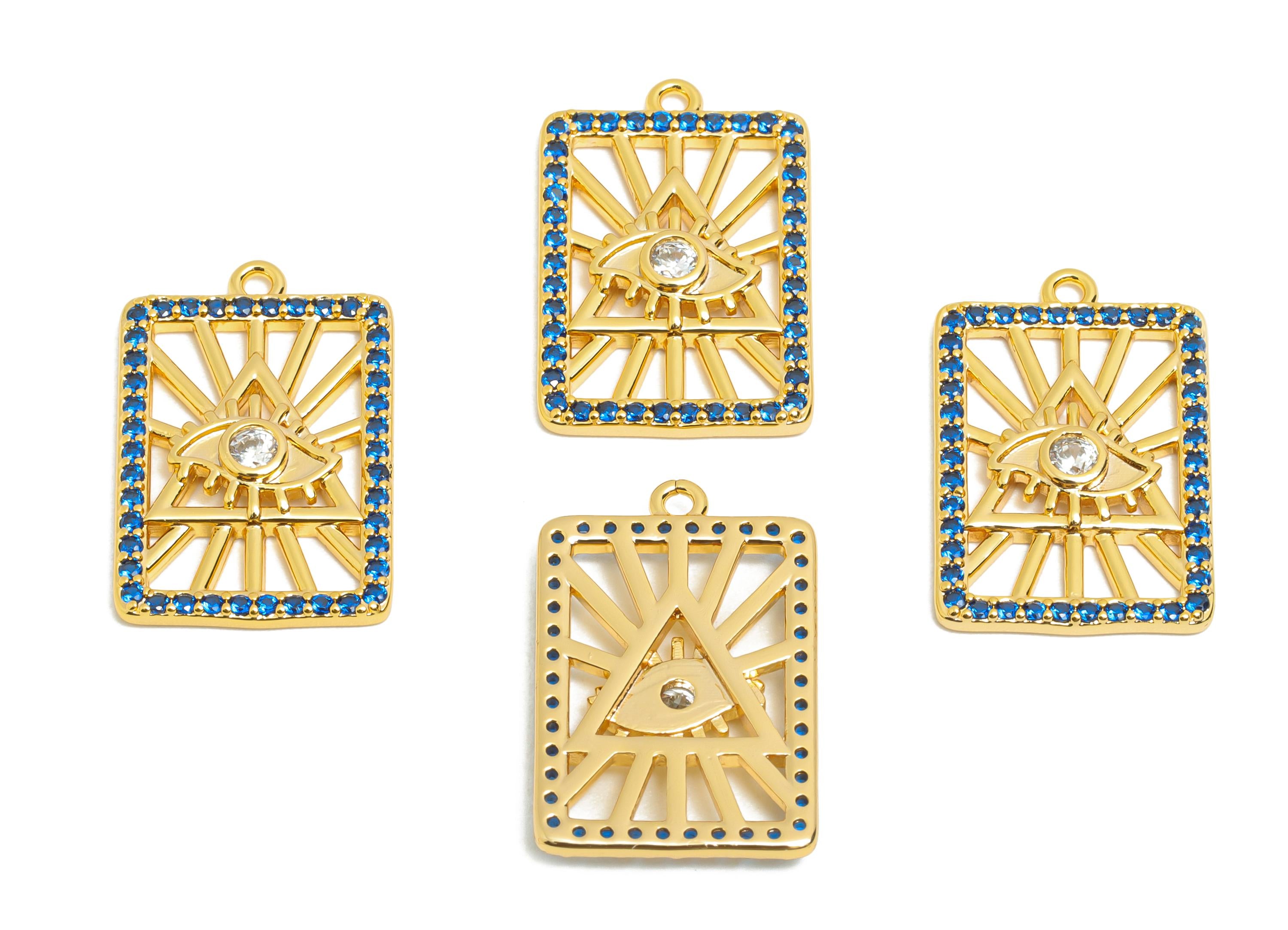 Brass Cubic Zircon Evil Eye Charm - Gold Rectangle Eye Jewelry for Necklace - All-Seeing Eye Charm - 18K Gold Plated - 21x14x2.6mm -RGP10827 - DOMEDBAZAAR