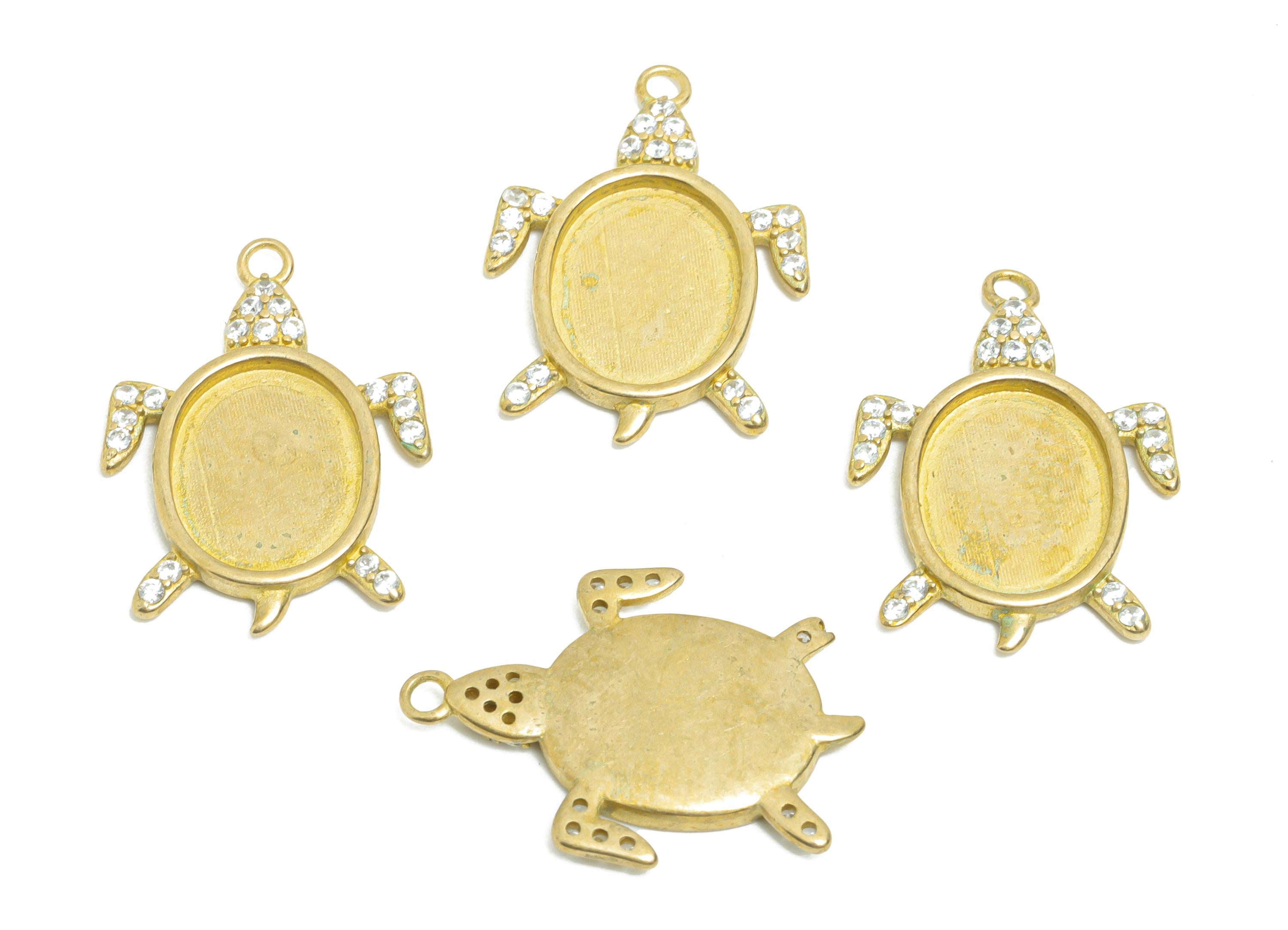 Brass Turtle Pendant - Raw Brass Bezel Frame for Jewelry Making - 18K Real Gold Plating - DIY Cabochon Turtle Charm - 21x15x5mm - PP11256 - DOMEDBAZAAR