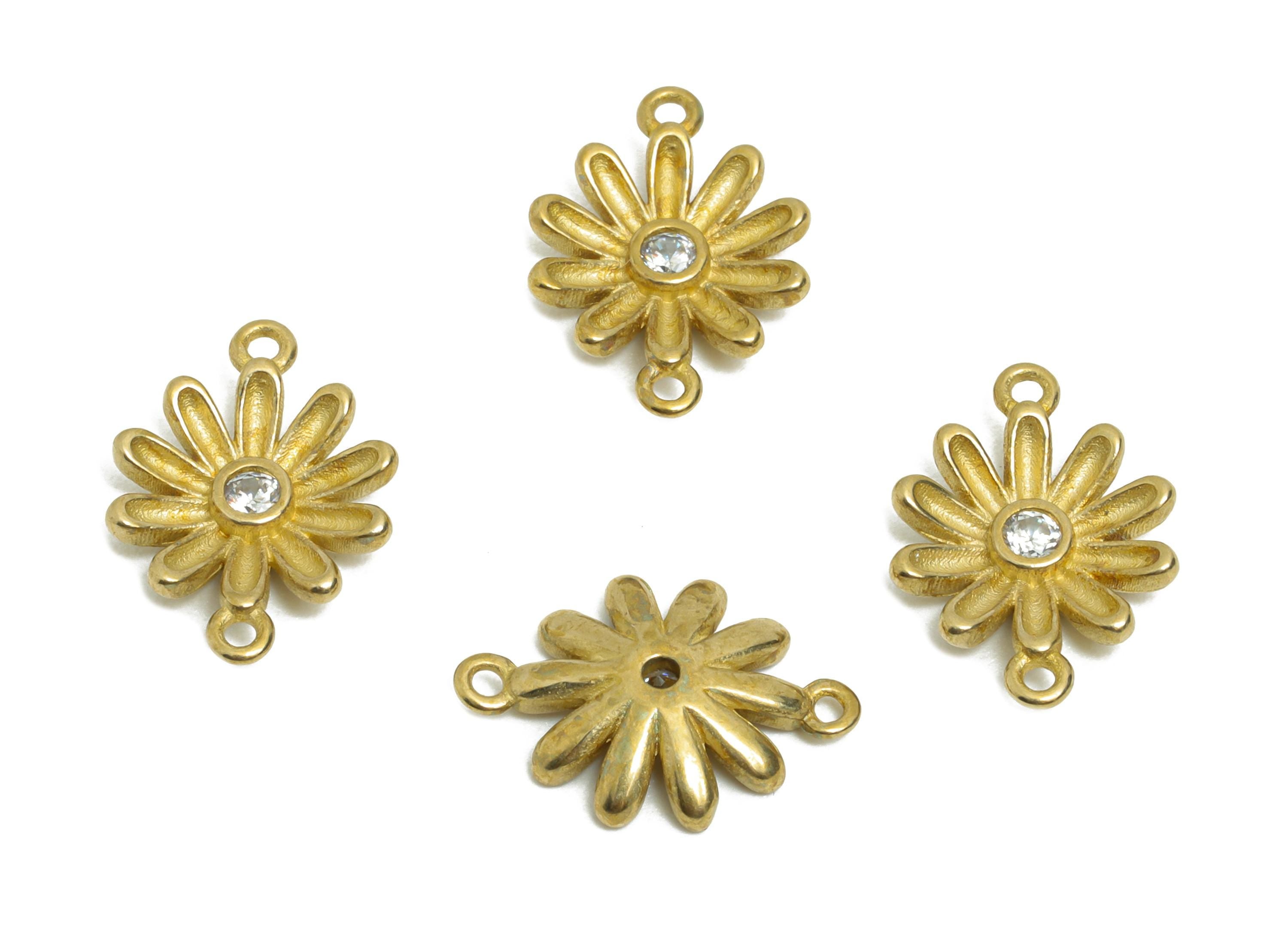 CZ  Daisy Connector Charm - Raw Brass Handmade Flower Jewelry - Brass Zircon Radiant Floral Charm - for DIY Jewelry - 13x9x2.56mm - PP11242 - DOMEDBAZAAR