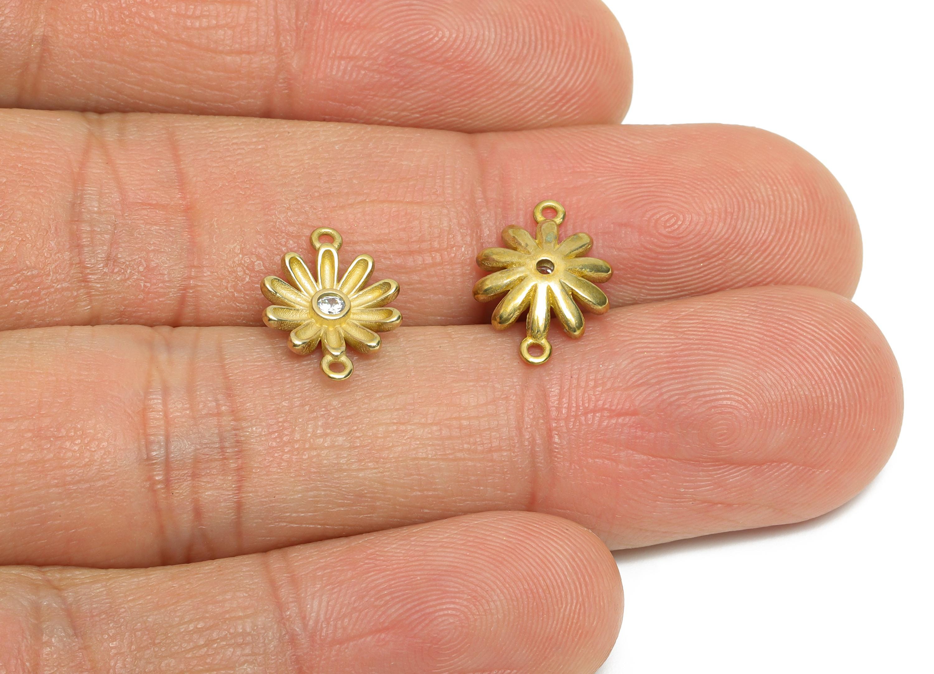 CZ  Daisy Connector Charm - Raw Brass Handmade Flower Jewelry - Brass Zircon Radiant Floral Charm - for DIY Jewelry - 13x9x2.56mm - PP11242 - DOMEDBAZAAR