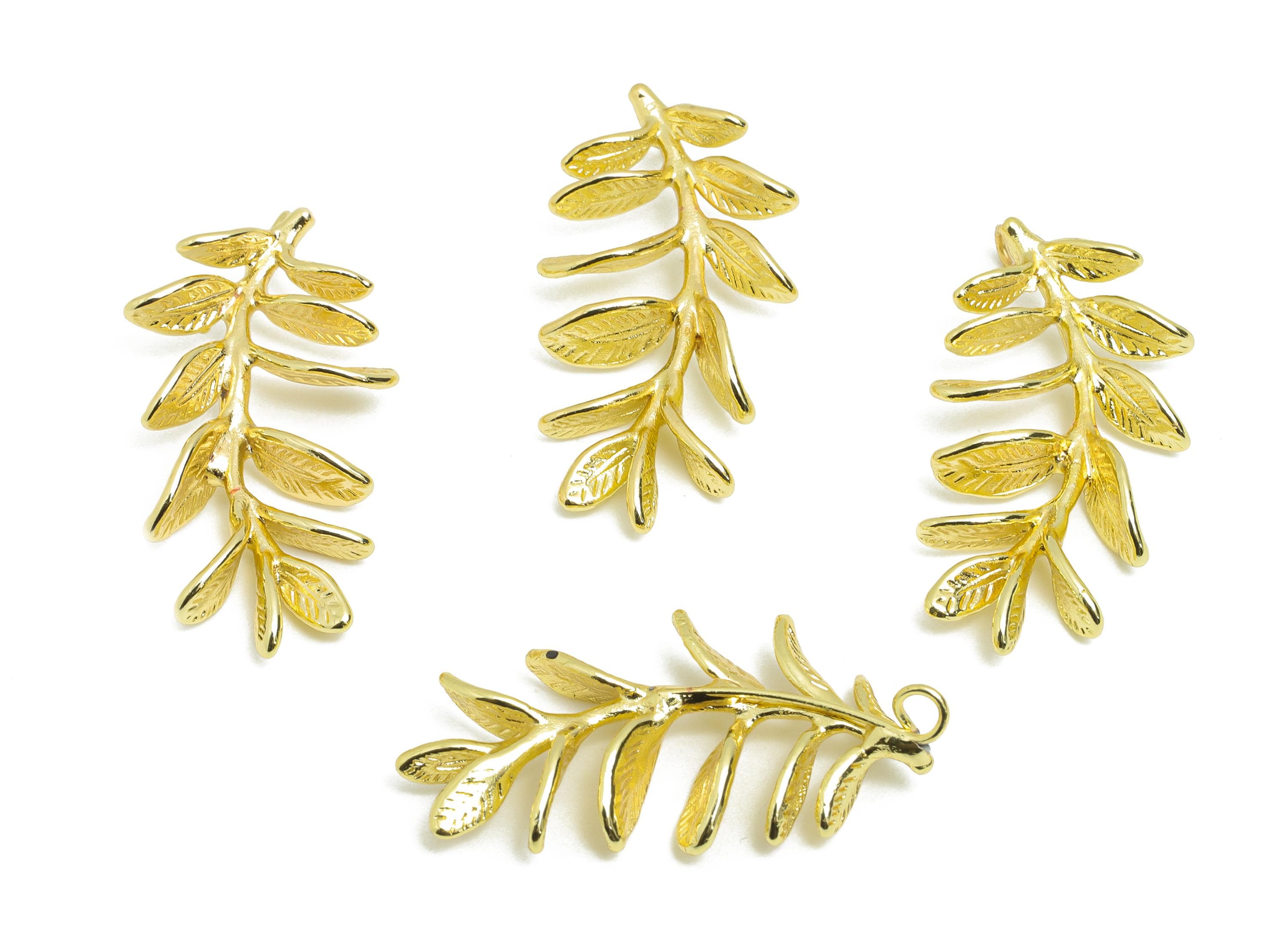 Brass Leaf Earring Charm - Gold Leaf Branch Jewelry Charm - Textured Olive Branch Jewelry Piece - Gold Tone Plating- 32x16x4mm - RGP10439 - DOMEDBAZAAR