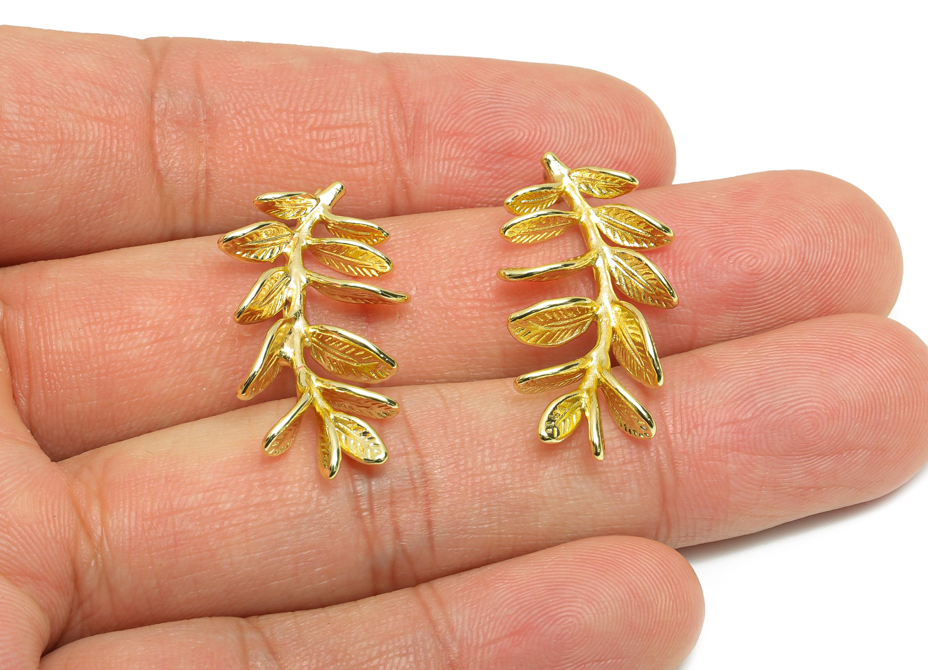Brass Leaf Earring Charm - Gold Leaf Branch Jewelry Charm - Textured Olive Branch Jewelry Piece - Gold Tone Plating- 32x16x4mm - RGP10439 - DOMEDBAZAAR