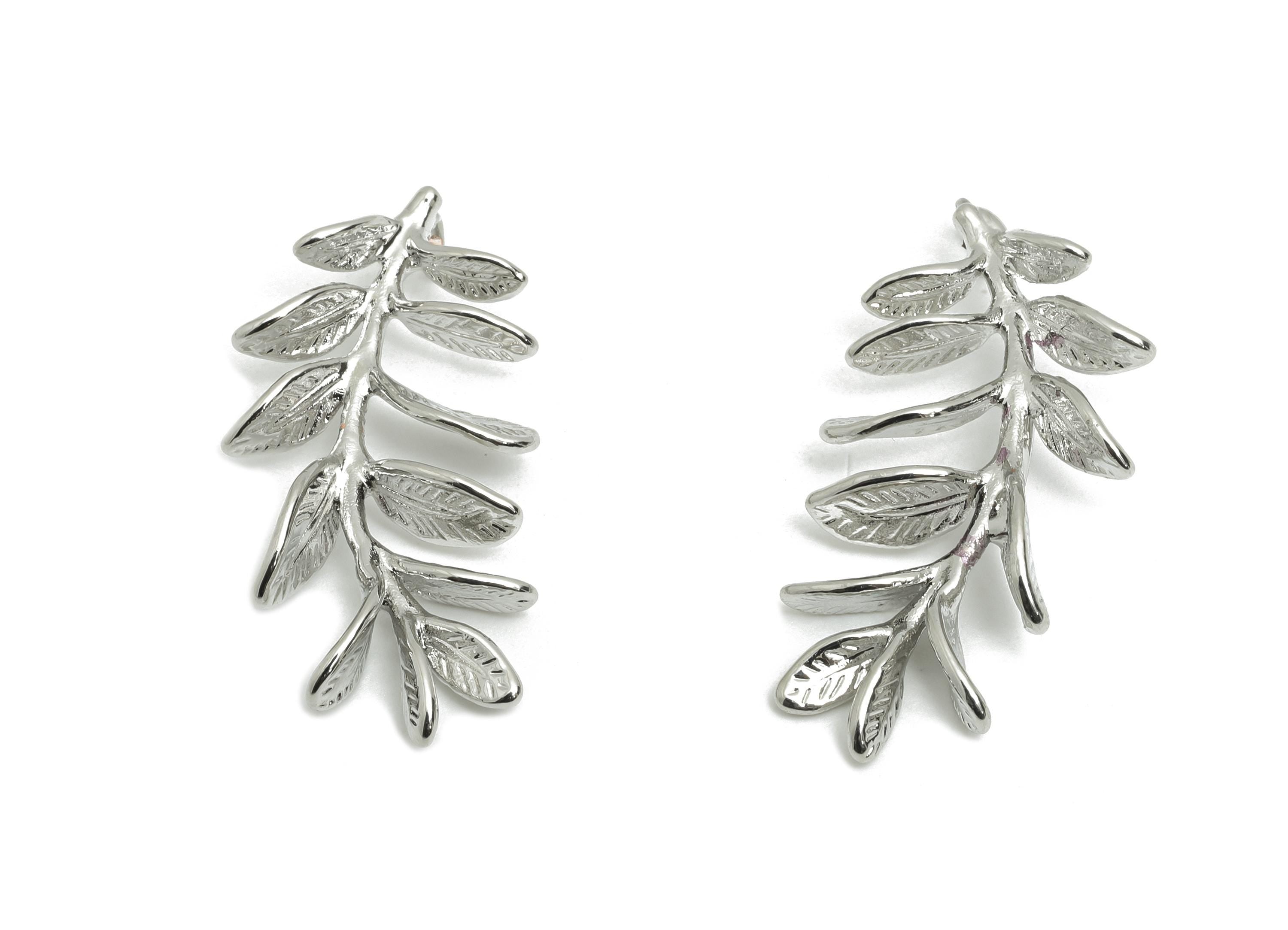 Brass Leaf Earring Charm - Silver Leaf Branch Jewelry Charm - Textured Olive Branch Jewelry Piece - Silver Tone Plating- 32x16x4mm -RGP10430 - DOMEDBAZAAR