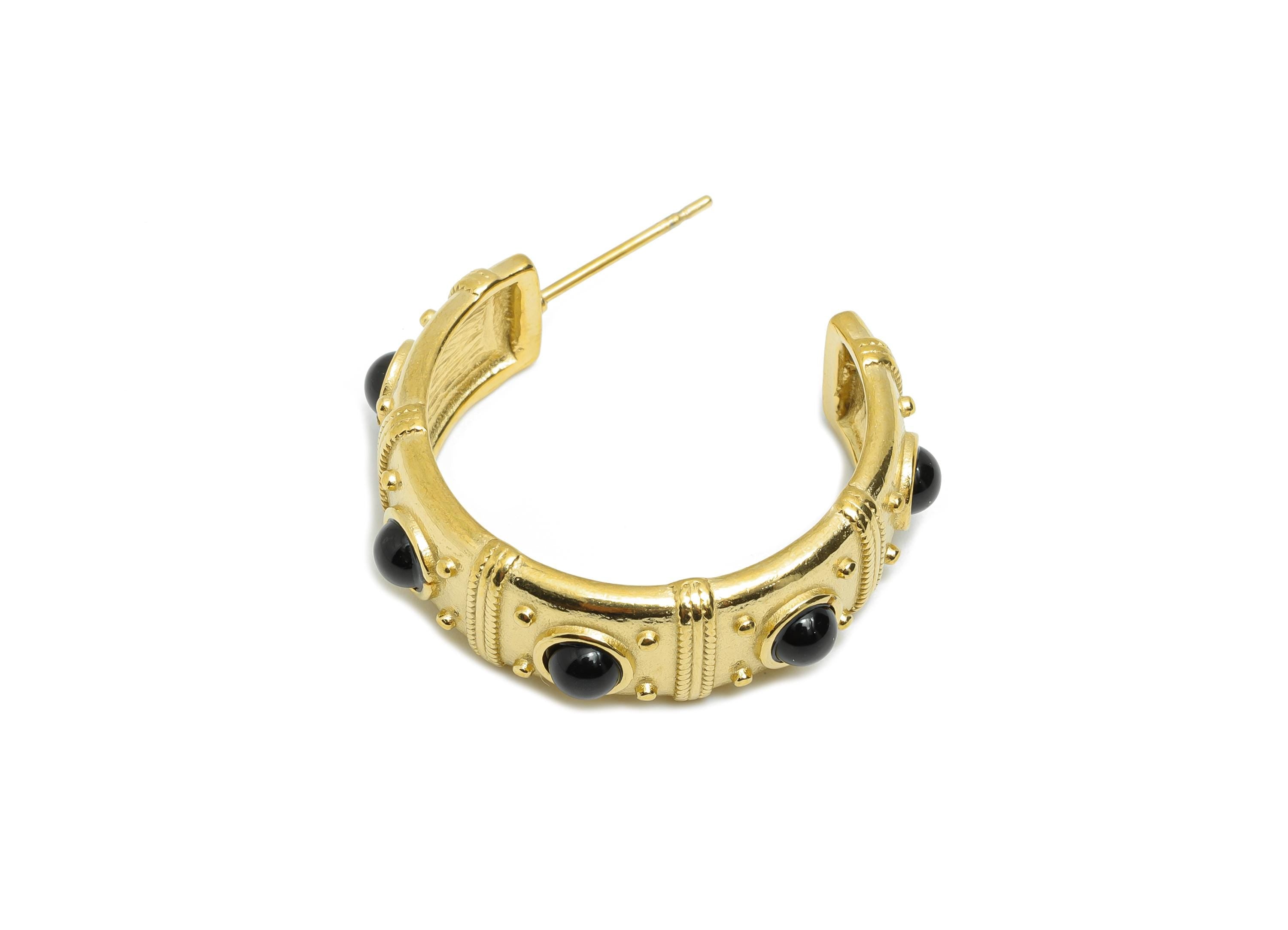 Black Agate C Hoop Studs - Ancient Roman Style - Greek Vintage Style - Steel Natural Stone Post - 18K Gold Plated - 31.75x9x2.68mm - SS2244 - DOMEDBAZAAR