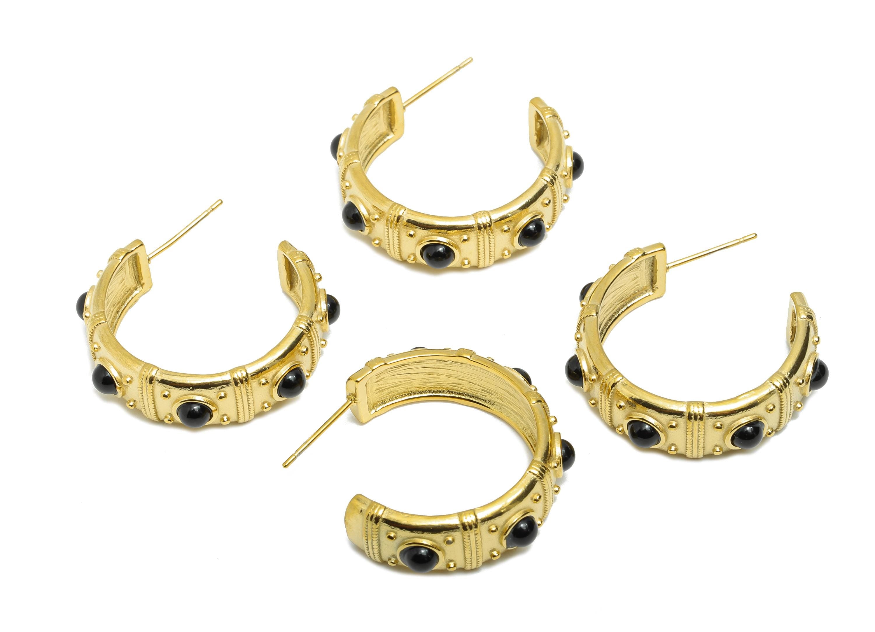 Black Agate C Hoop Studs - Ancient Roman Style - Greek Vintage Style - Steel Natural Stone Post - 18K Gold Plated - 31.75x9x2.68mm - SS2244 - DOMEDBAZAAR