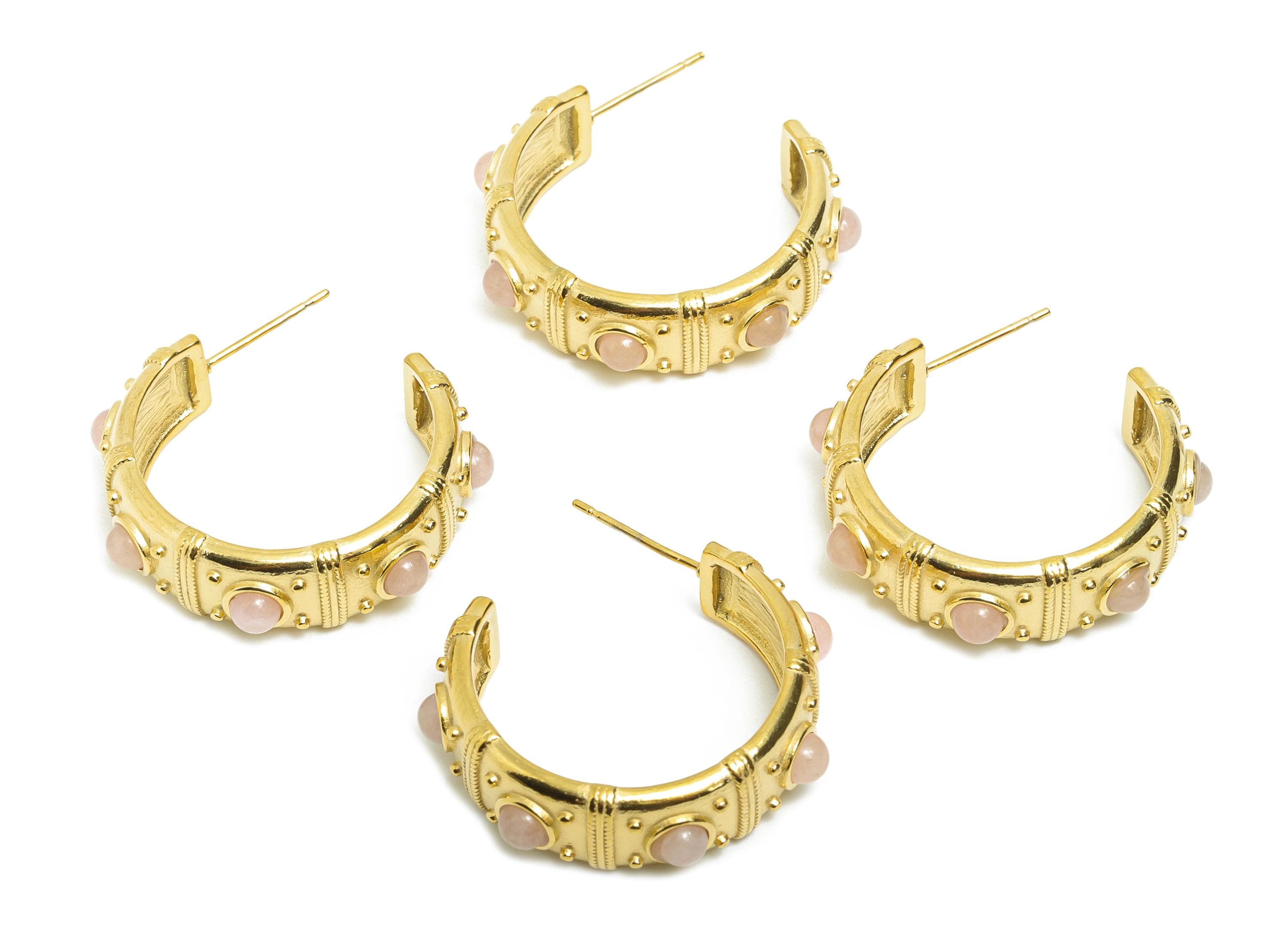 Pink Quartz C Hoop Studs - Ancient Roman Style - Greek Vintage Style - Steel Natural Stone Post - 18K Gold Plated - 31.75x9x2.68mm - SS2246 - DOMEDBAZAAR
