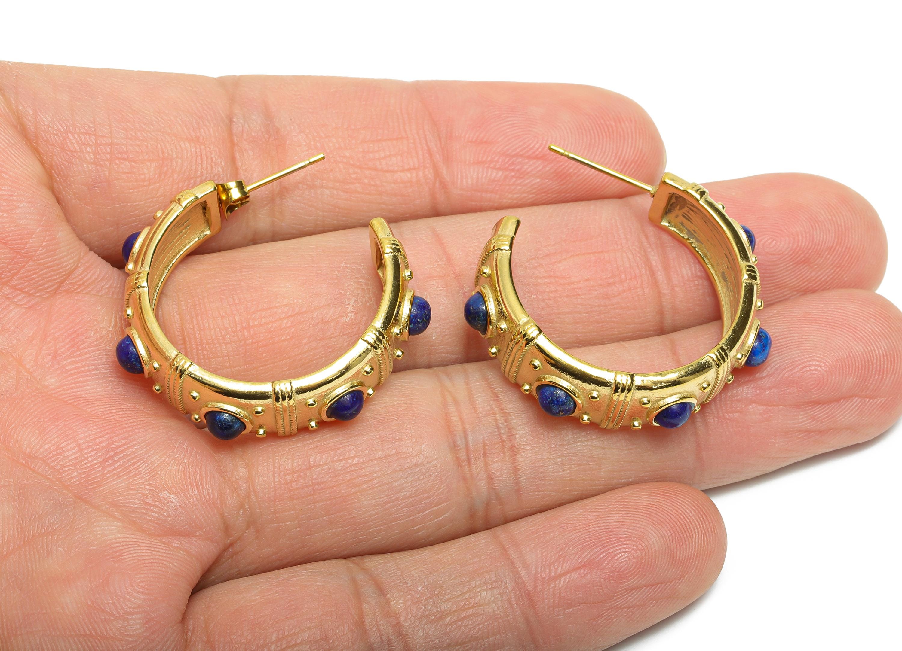 Lapis Lazuli C Hoop Stud - Ancient Roman Style - Greek Vintage Style - Steel Natural Stone Post - 18K Gold Plated - 31.75x9x2.68mm -SS2248 - DOMEDBAZAAR