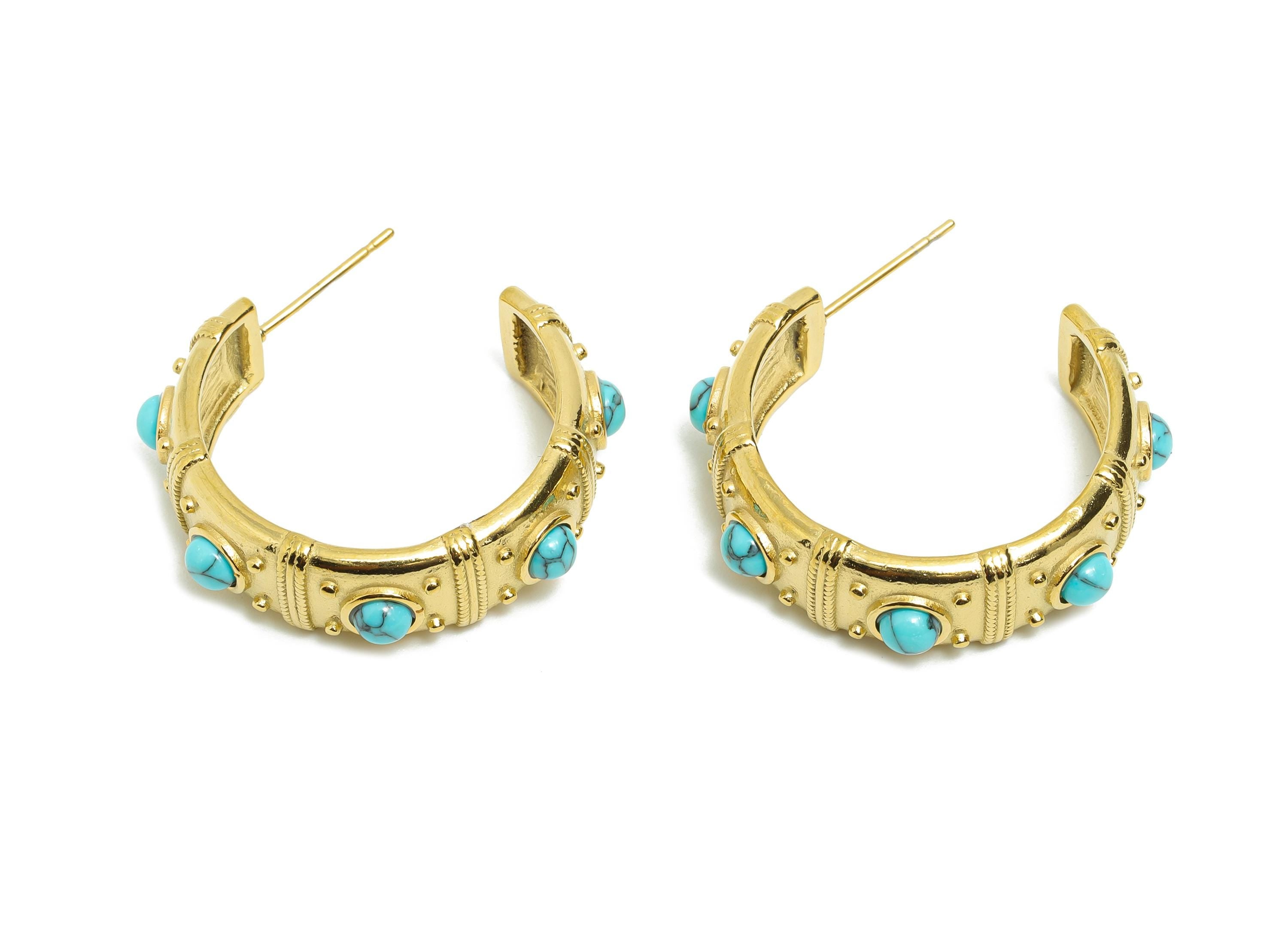 Blue Turquoise C Hoop Stud - Ancient Roman Style - Greek Vintage Style - Steel Natural Stone Post - 18K Gold Plated - 31.75x9x2.68mm -SS2251 - DOMEDBAZAAR