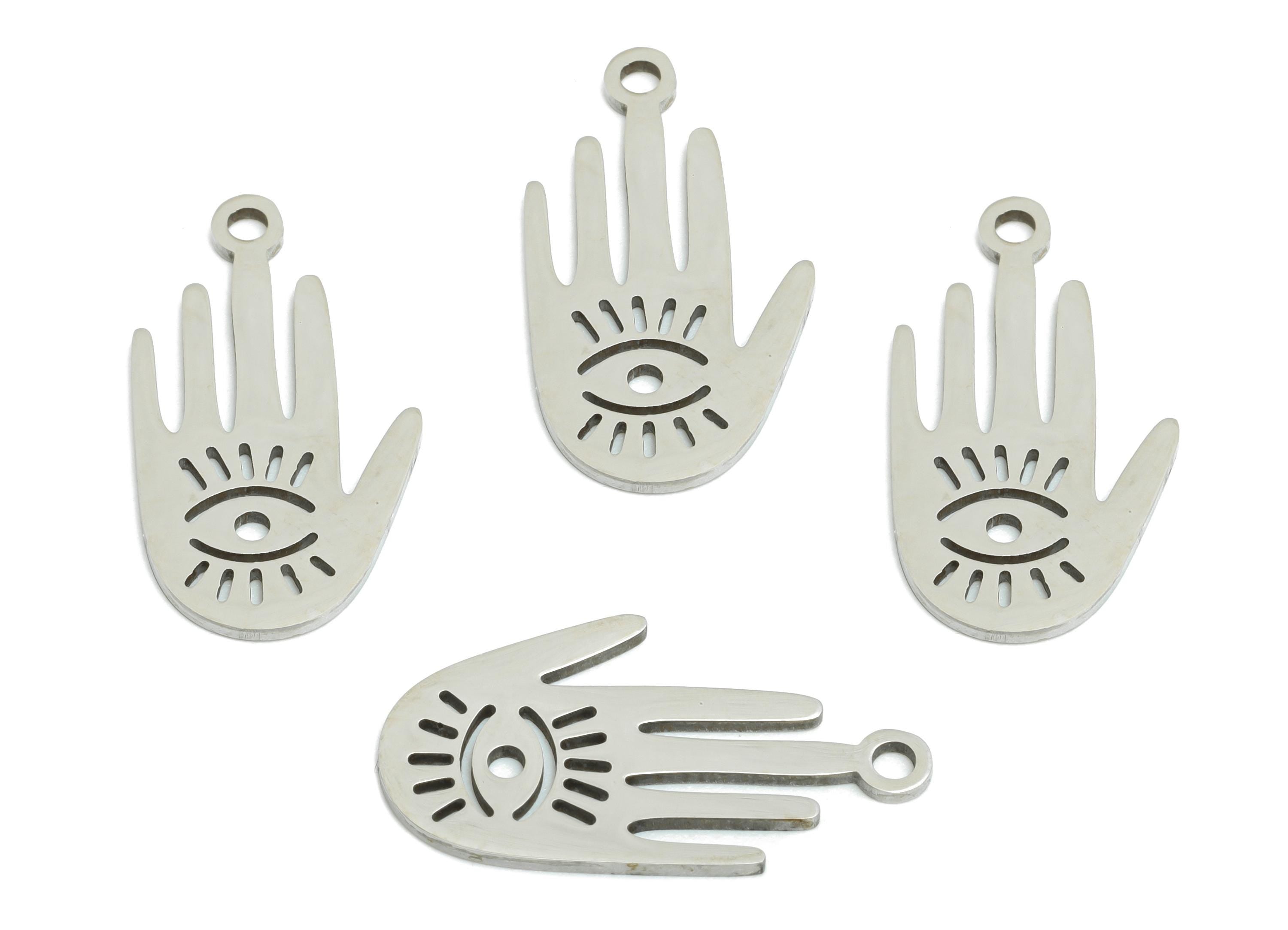 Steel Hamsa Hand Pendant - Vintage Evil Eye Protection Charm for DIY Jewelry - Esoteric Protective Symbol DIY Jewelry - 21x11x0.9mm - SS2373 - DOMEDBAZAAR