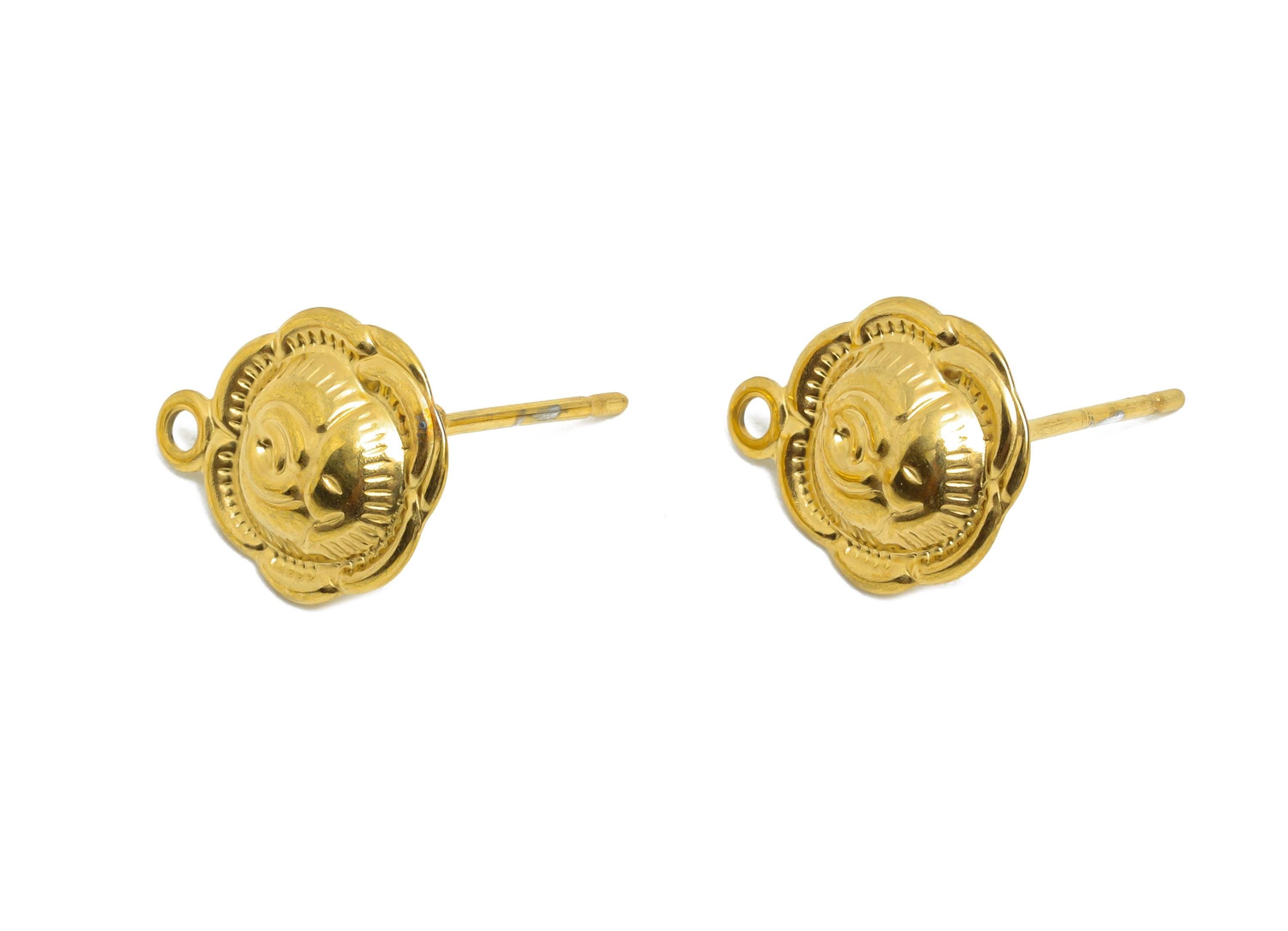 Stainless Steel Flower Stud - Unique Botanical Post with Loop - Antique-Style Gold Earring - 18k Vacuum Gold Plating - 13.8x10x2mm - SS2358 - DOMEDBAZAAR