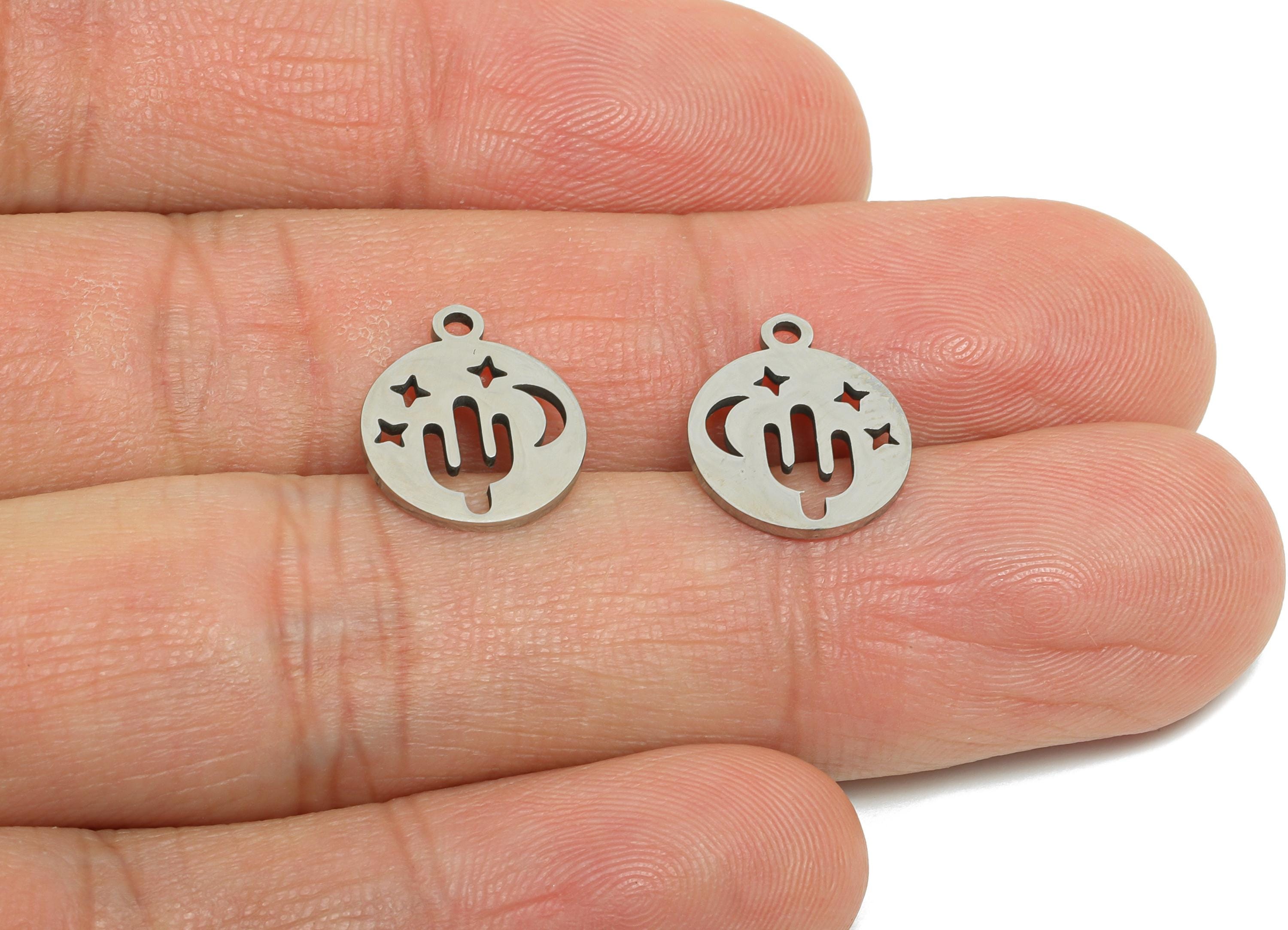 Desert Night Earring Charm - Stainless Steel Cactus Moon Charm - Steel Moon and Stars Pendant - Southwestern Charm - 13x11x0.98mm - SS2382 - DOMEDBAZAAR