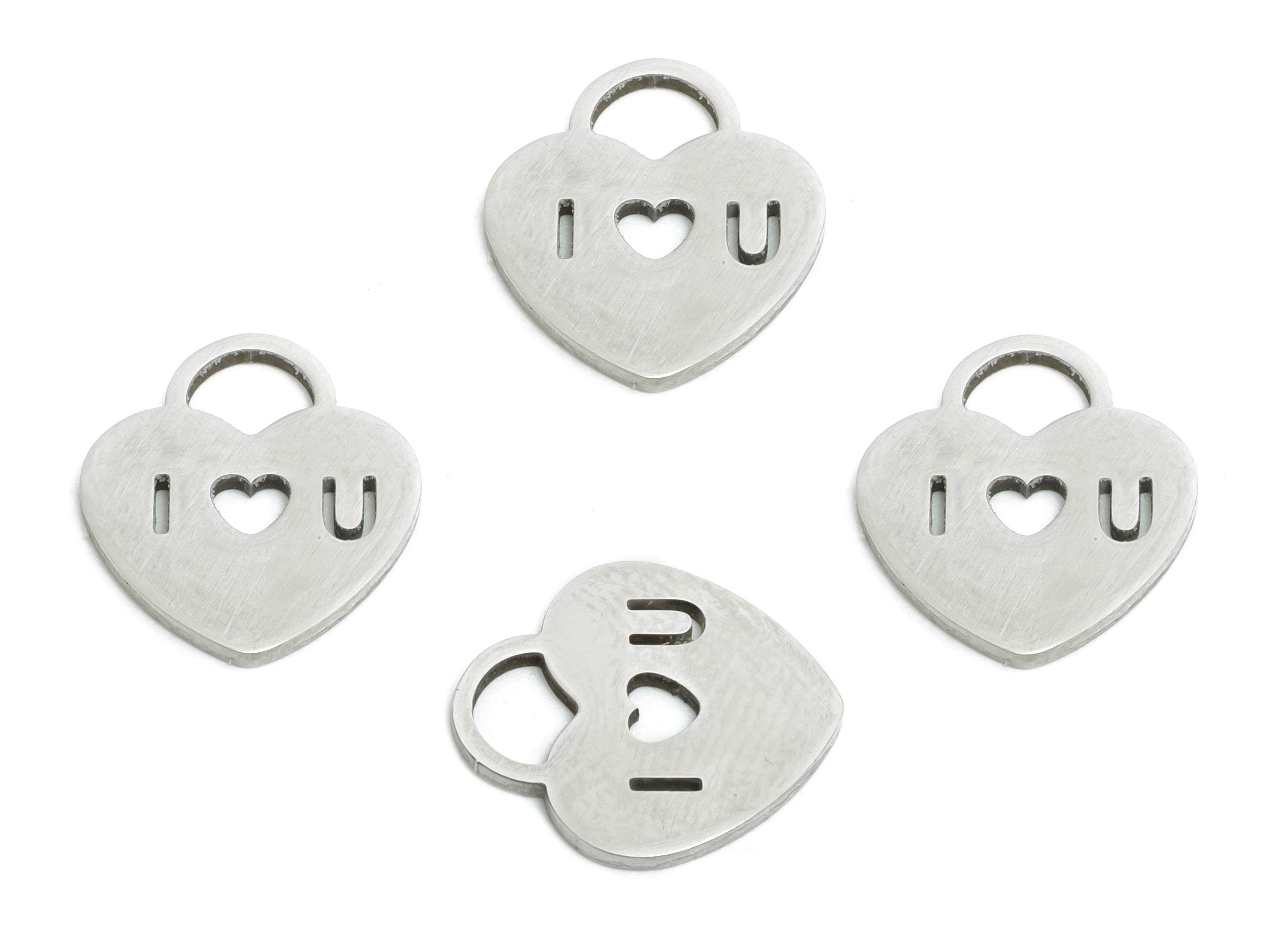 Heart Lock Earring Charm - Stainless Steel Minimalist Love Pendant - Steel Engraved Heart Charm - I Love You Jewelry - 13x12x0.98mm - SS2379 - DOMEDBAZAAR