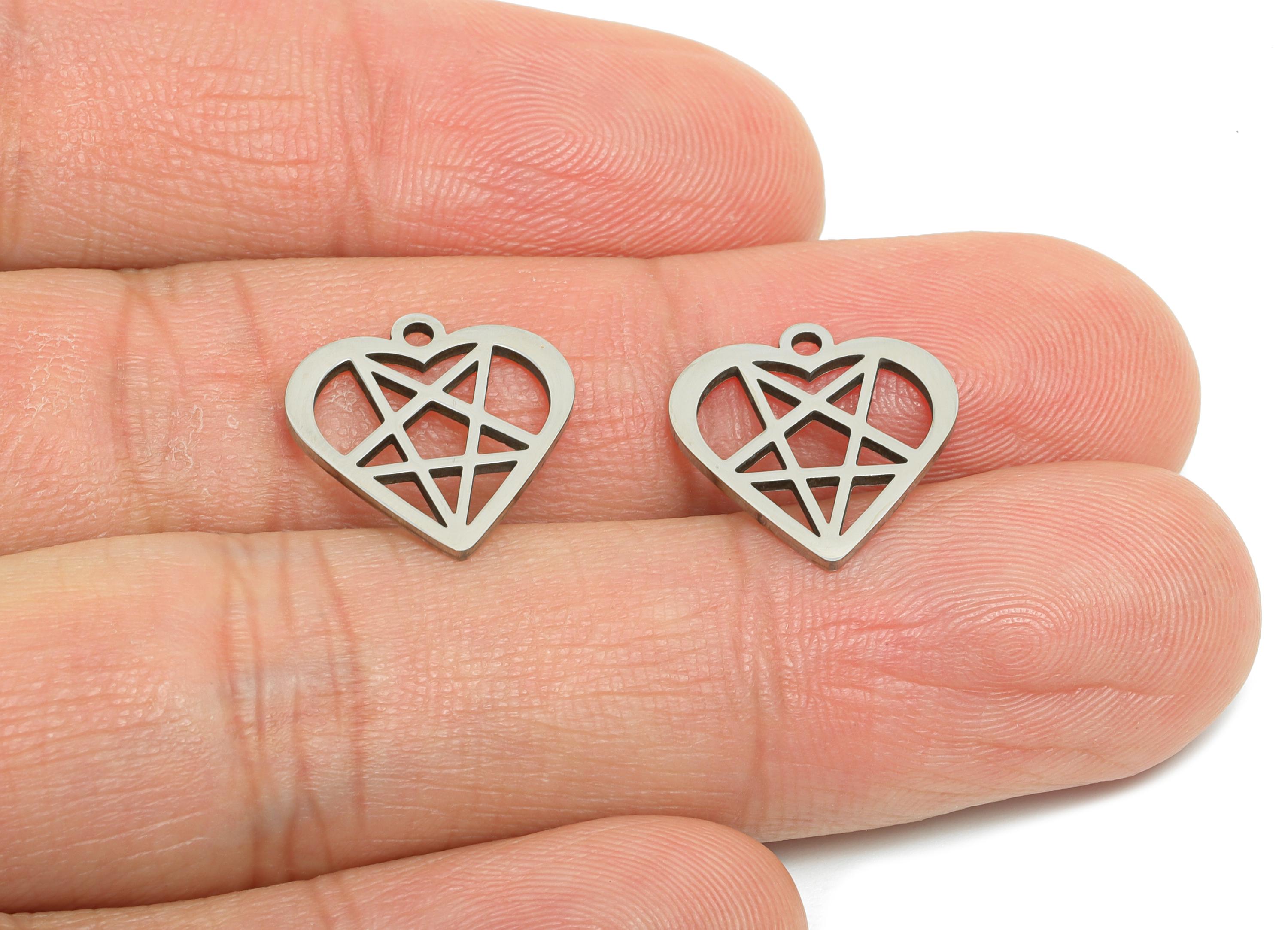 Pentagram Heart Earring Charm - Stainless Steel Minimalist Love Pendant - Stainless Steel Heart Pendant - Dark Romance - 14x14x0.98mm-SS2374 - DOMEDBAZAAR
