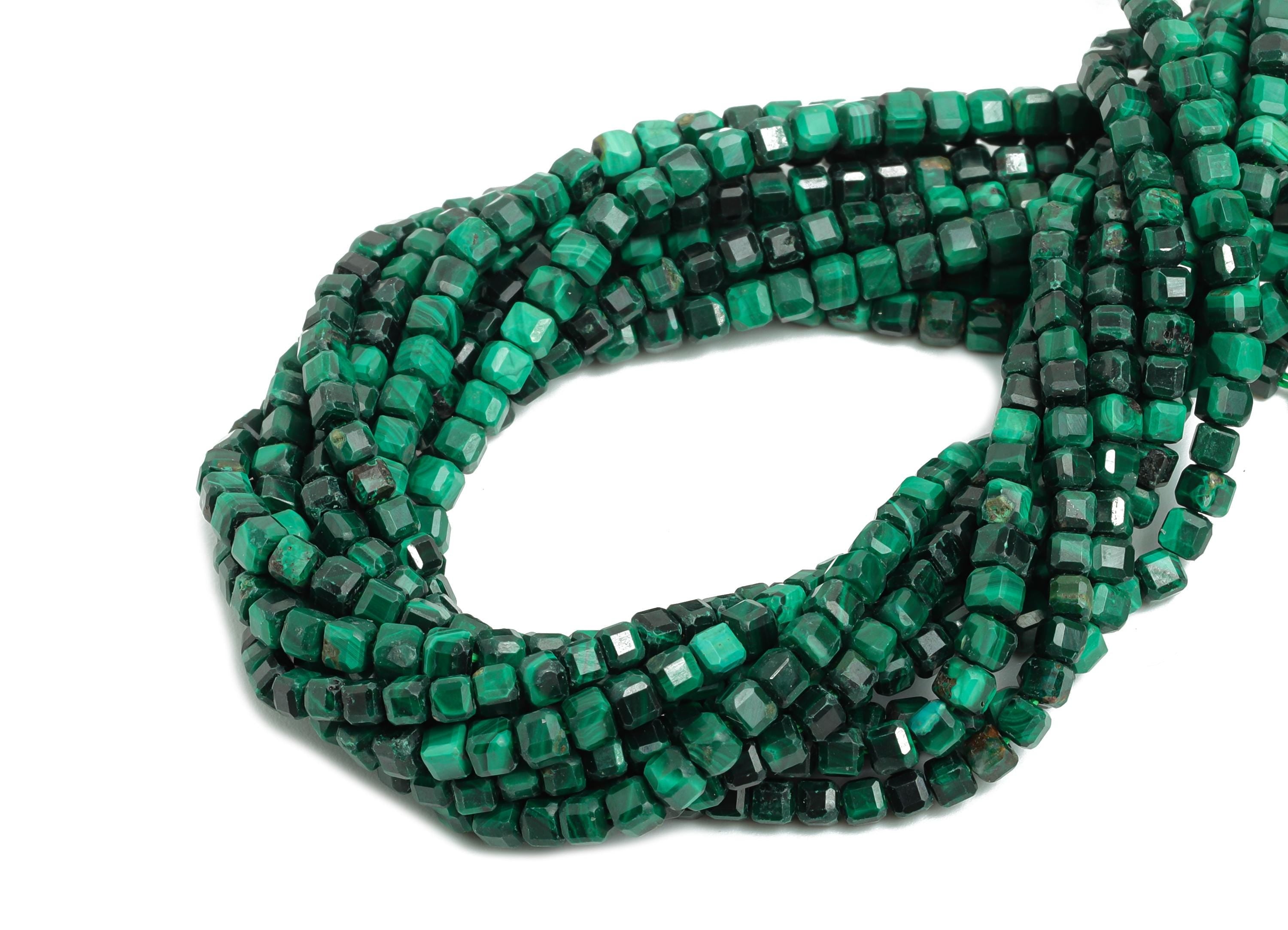 2mm Malachite Natural Stone - Faceted Cube Malachite 15.5inch&#39; /Strand - Geometry Gemstone Beads for Handmade - Faceted Beads - NS2438 - DOMEDBAZAAR