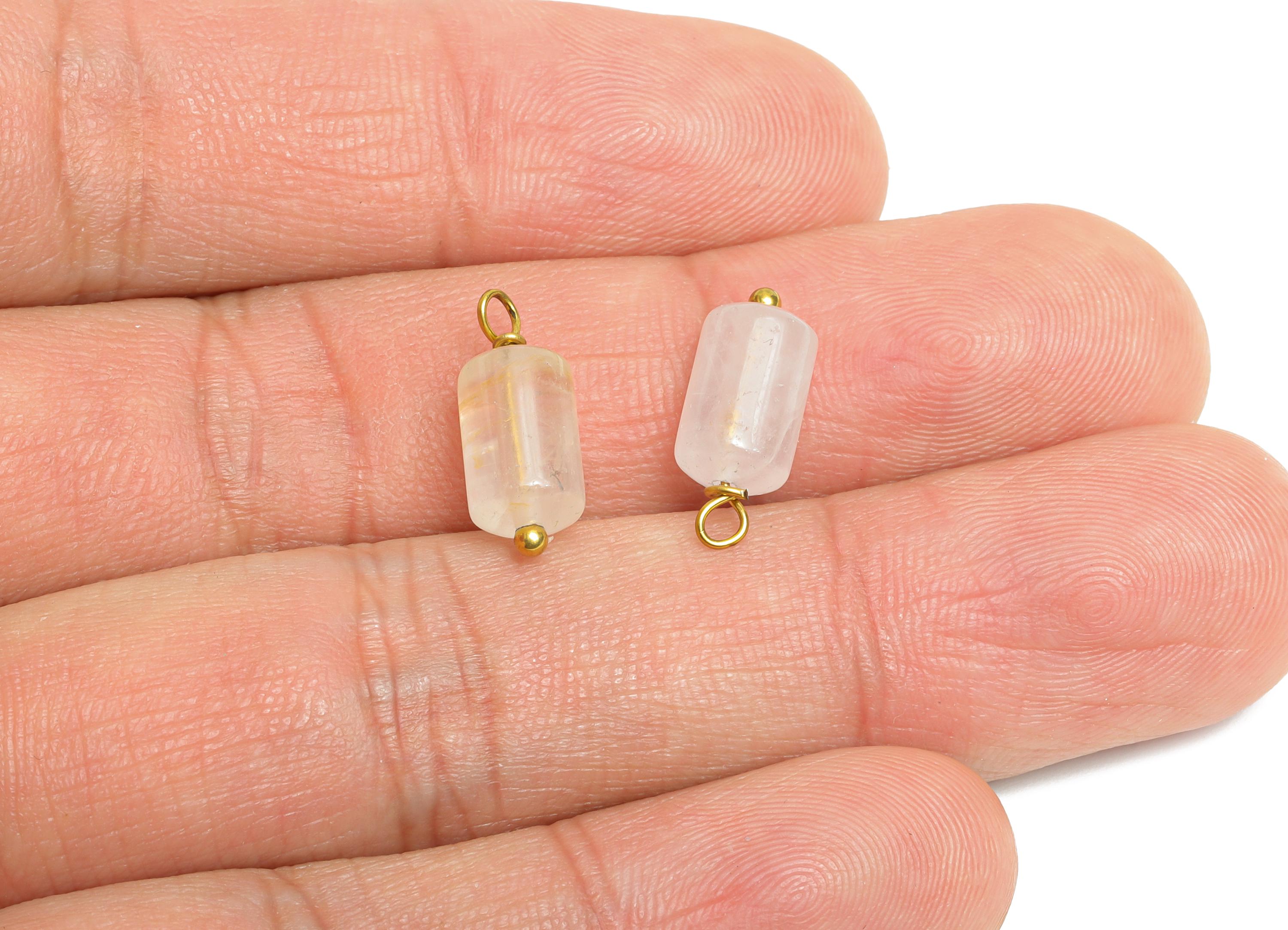 Rose Quartz Natural Stone Charms - Steel Stone Barrel Pendant - Natural Stone Jewelry - 18K Gold Vacuum Plated - 15.7x6.17x6.17mm - NS3018