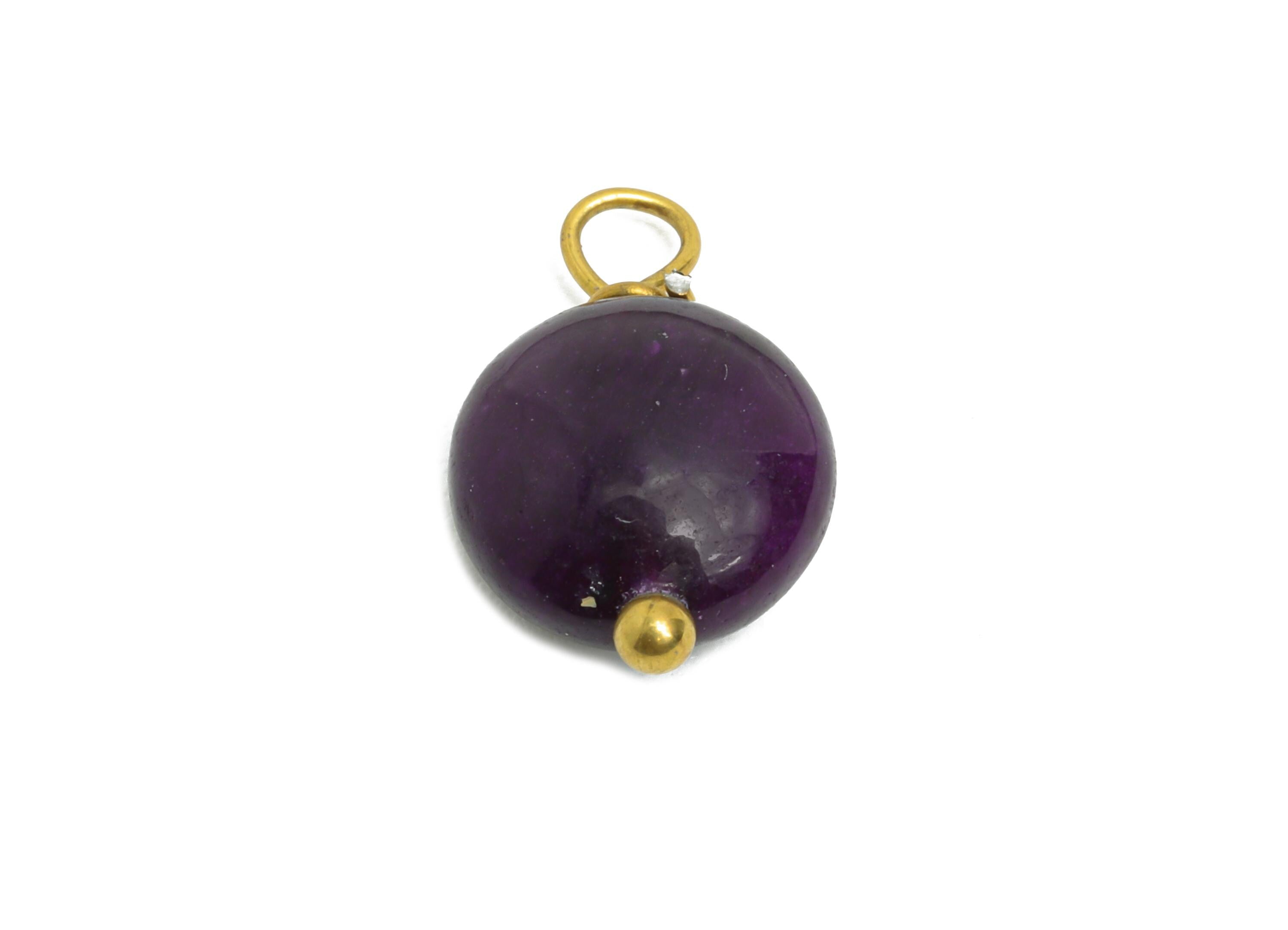 Purple Jade Natural Stone Charm - Steel Round Stone Bracelet Pendant - Healing Stone Jewelry - 18K Gold Plated - 13.6x8.5x4.88mm - NS3028 - DOMEDBAZAAR