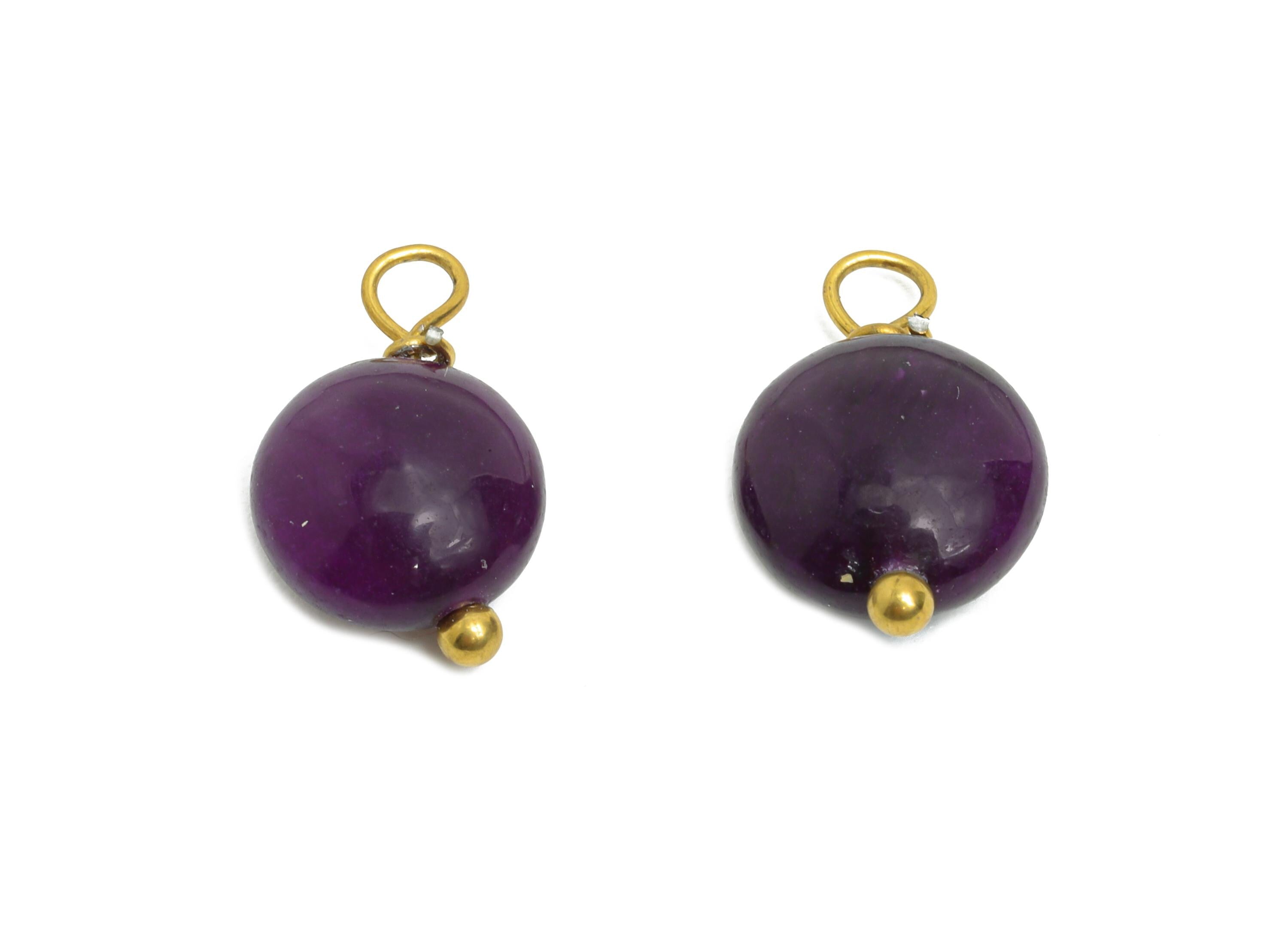 Purple Jade Natural Stone Charm - Steel Round Stone Bracelet Pendant - Healing Stone Jewelry - 18K Gold Plated - 13.6x8.5x4.88mm - NS3028 - DOMEDBAZAAR