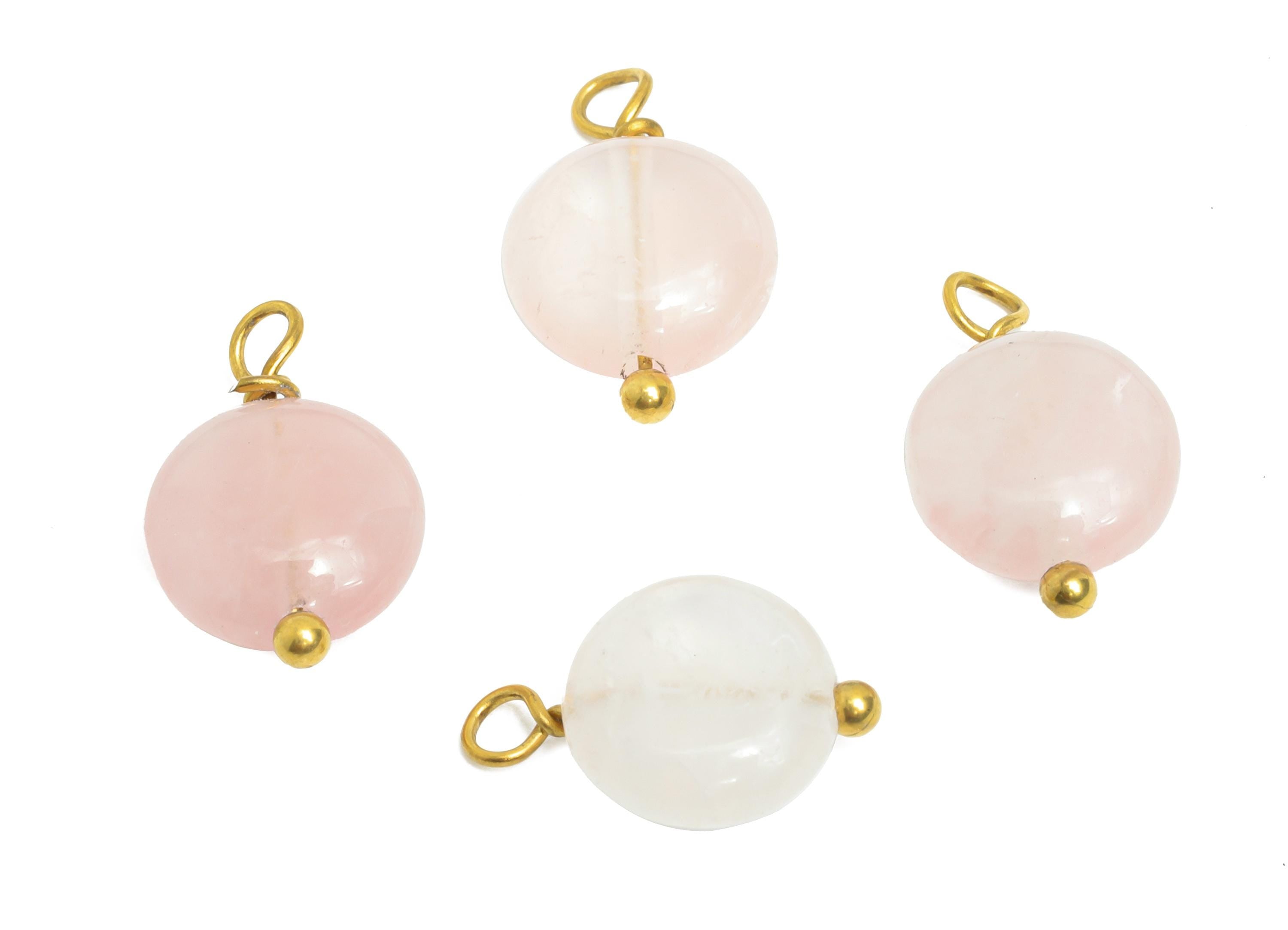 Rose Quartz Charms - Steel Natural Round Stone Bracelet Pendant - Healing Stone Jewelry - 18K Gold Vacuum Plated - 13.6x8.5x4.88mm - NS3030 - DOMEDBAZAAR