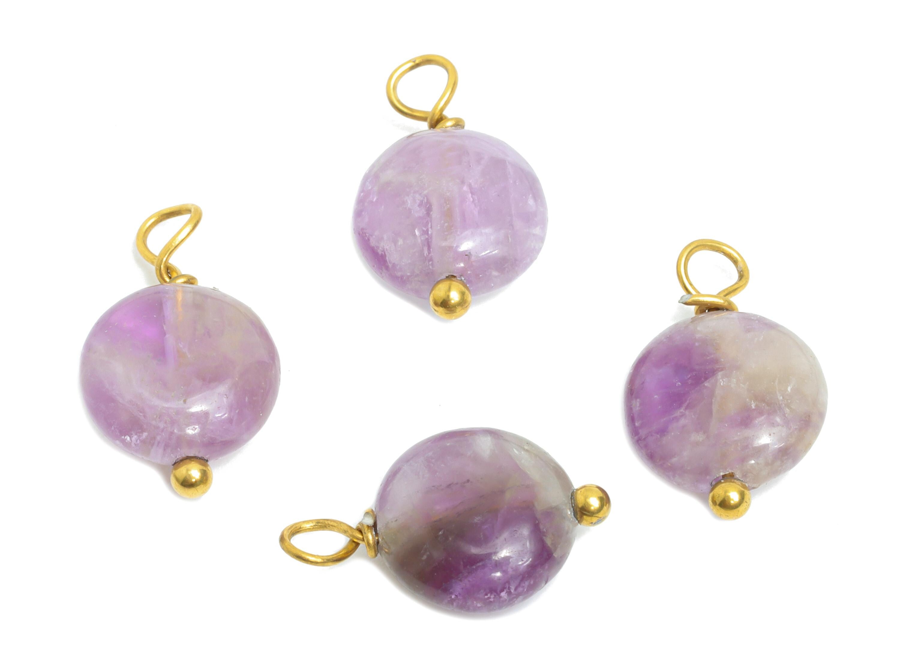 Amethyst Natural Stone Charm - Steel Round Stone Bracelet Pendant - Healing Stone Jewelry - 18K Gold Vacuum Plated - 13.6x8.5x4.88mm -NS3034 - DOMEDBAZAAR