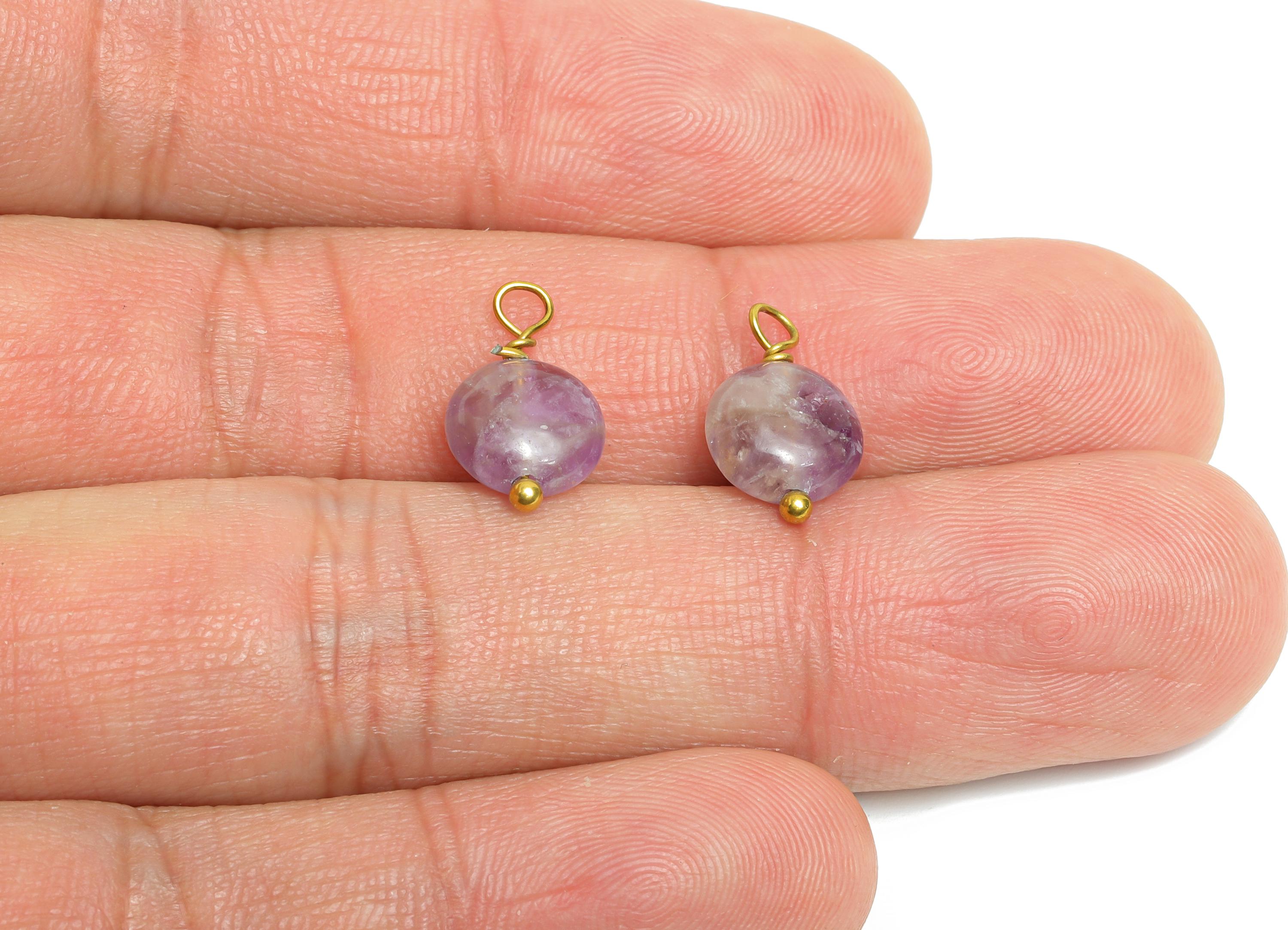 Amethyst Natural Stone Charm - Steel Round Stone Bracelet Pendant - Healing Stone Jewelry - 18K Gold Vacuum Plated - 13.6x8.5x4.88mm -NS3034 - DOMEDBAZAAR