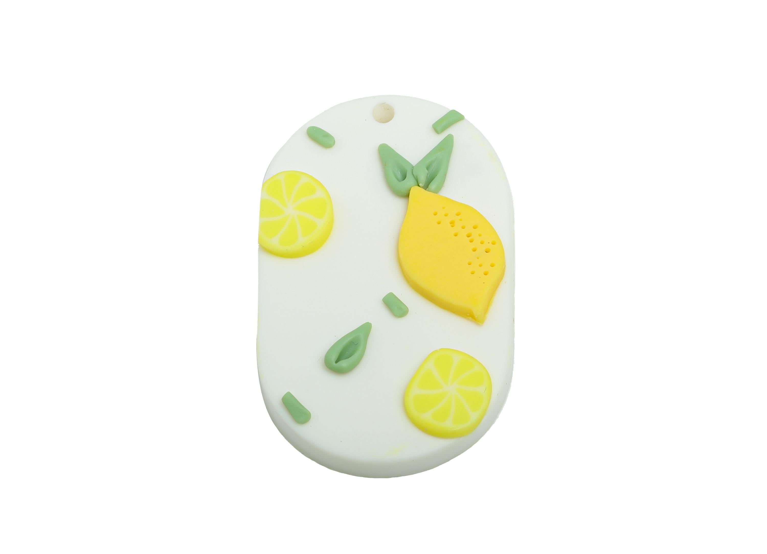 Bright Lemon Charm - Handmade Polymer Clay Pendant - Oval Rectangle Fruit Pattern - Pastel Yellow Pendant - Cute Charm - 35x21x4mm - PC2392