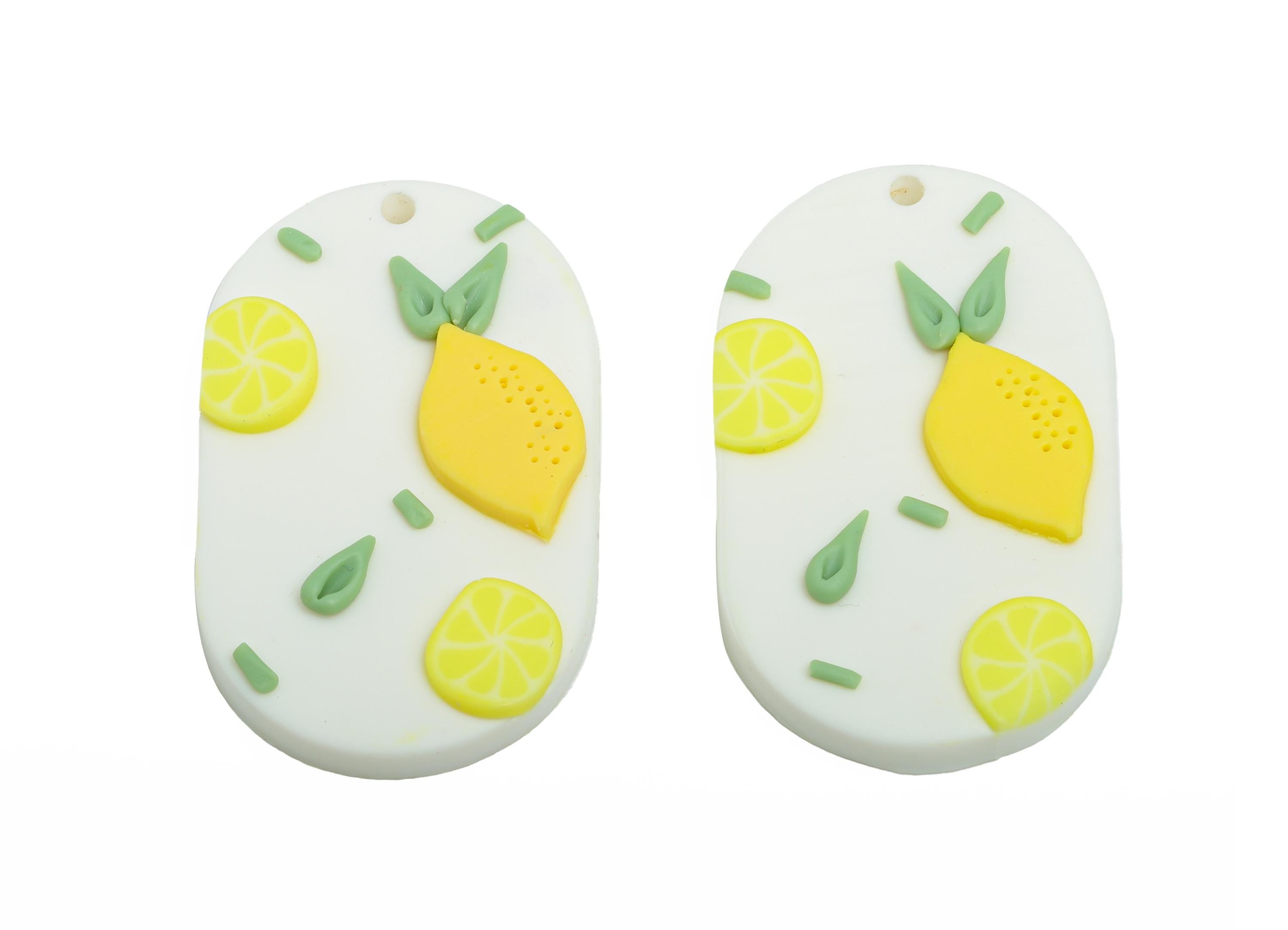 Bright Lemon Charm - Handmade Polymer Clay Pendant - Oval Rectangle Fruit Pattern - Pastel Yellow Pendant - Cute Charm - 35x21x4mm - PC2392