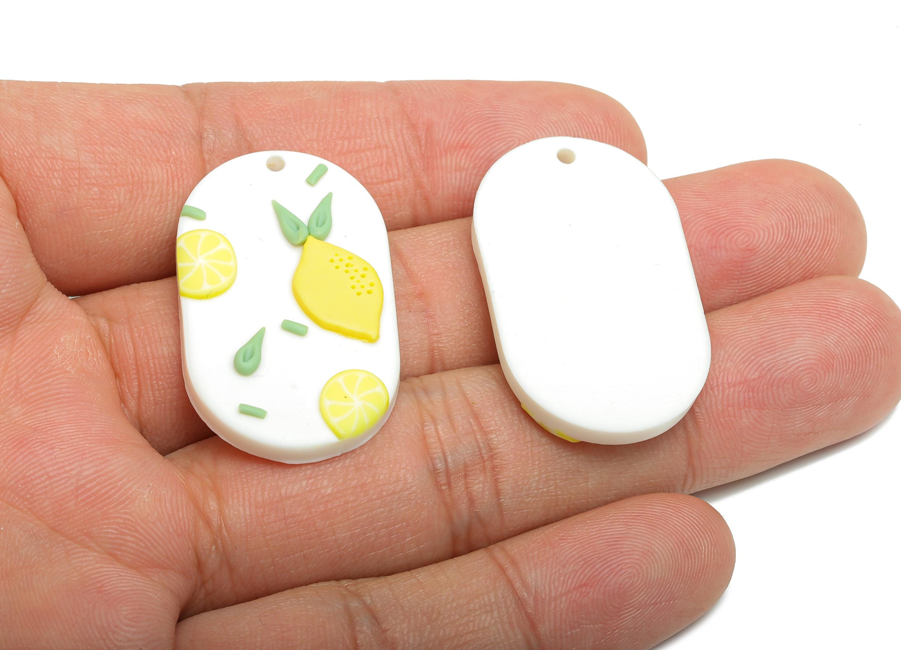 Bright Lemon Charm - Handmade Polymer Clay Pendant - Oval Rectangle Fruit Pattern - Pastel Yellow Pendant - Cute Charm - 35x21x4mm - PC2392