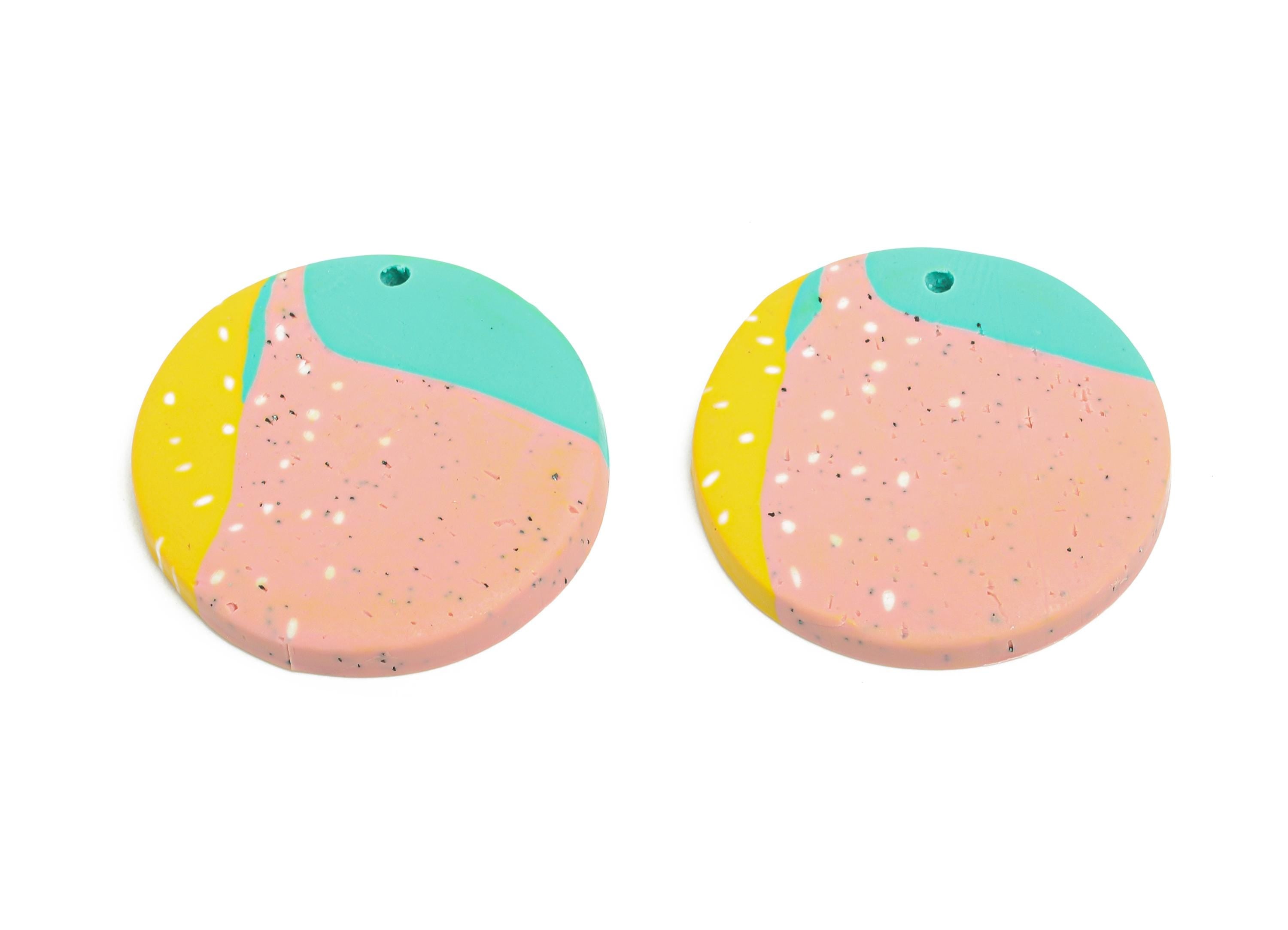 Polymer Clay Round Earring Charm - Multicolor Coin Charm - Handmade Abstract Pendant - Geometric Color Block Charm - 25x26x2.61mm - PC2358
